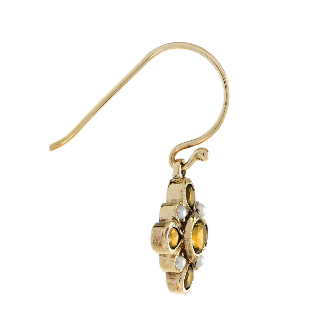 Orange Citrine & Pearl Vintage Style Cluster Drop Yellow Gold Earrings