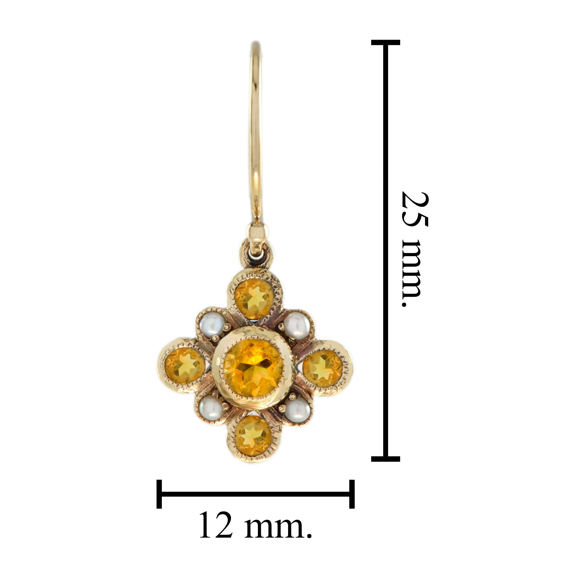 Orange Citrine & Pearl Vintage Style Cluster Drop Yellow Gold Earrings