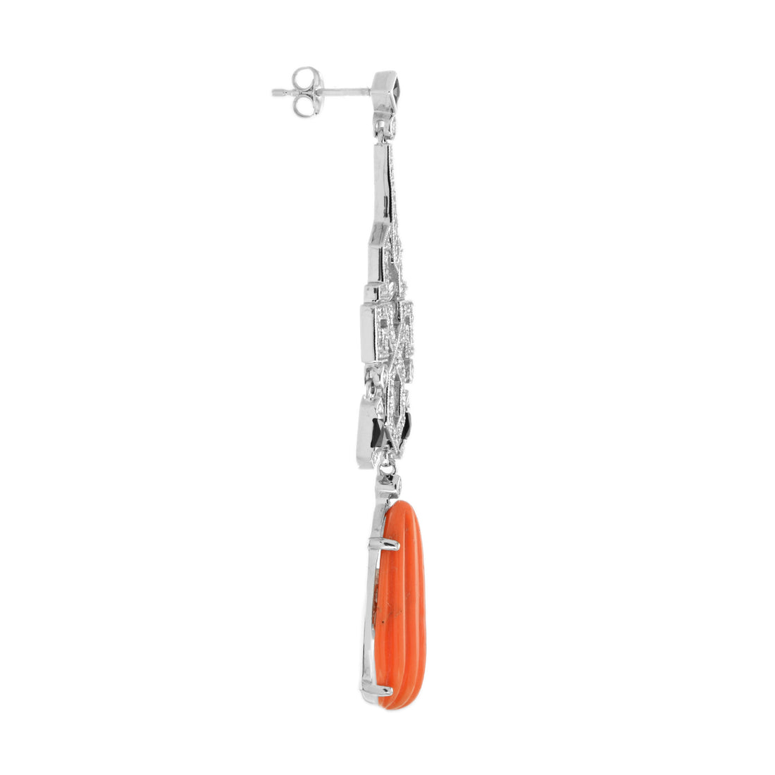 Red Orange Coral & Diamond Black Onyx Drop 14K White Gold Earrings