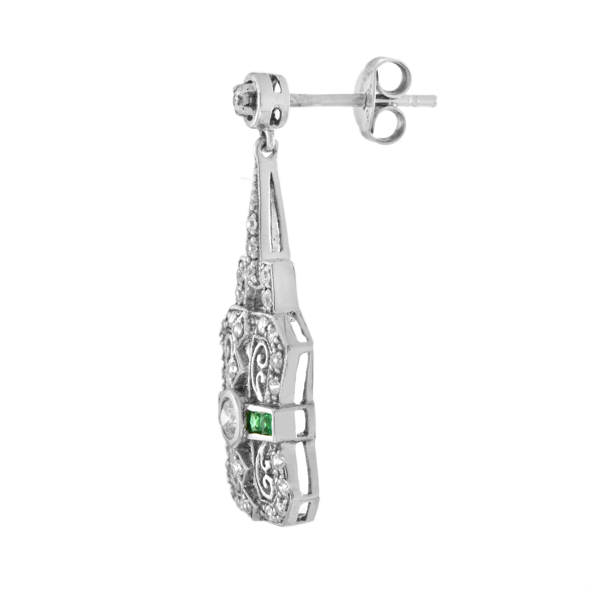 Diamond & Emerald Art Deco Style Filigree Drop 14K White Gold Earrings