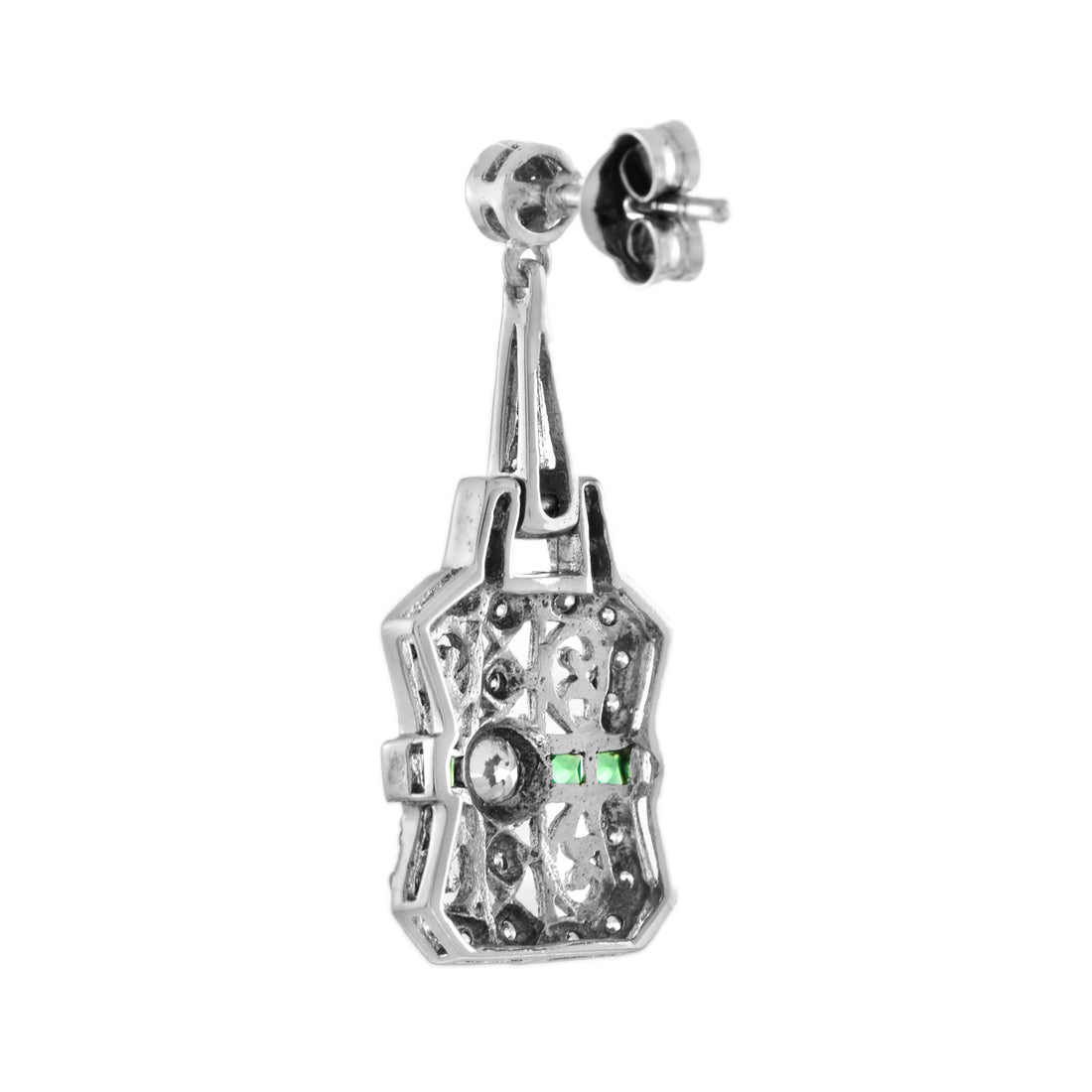 Diamond & Emerald Art Deco Style Filigree Drop 14K White Gold Earrings