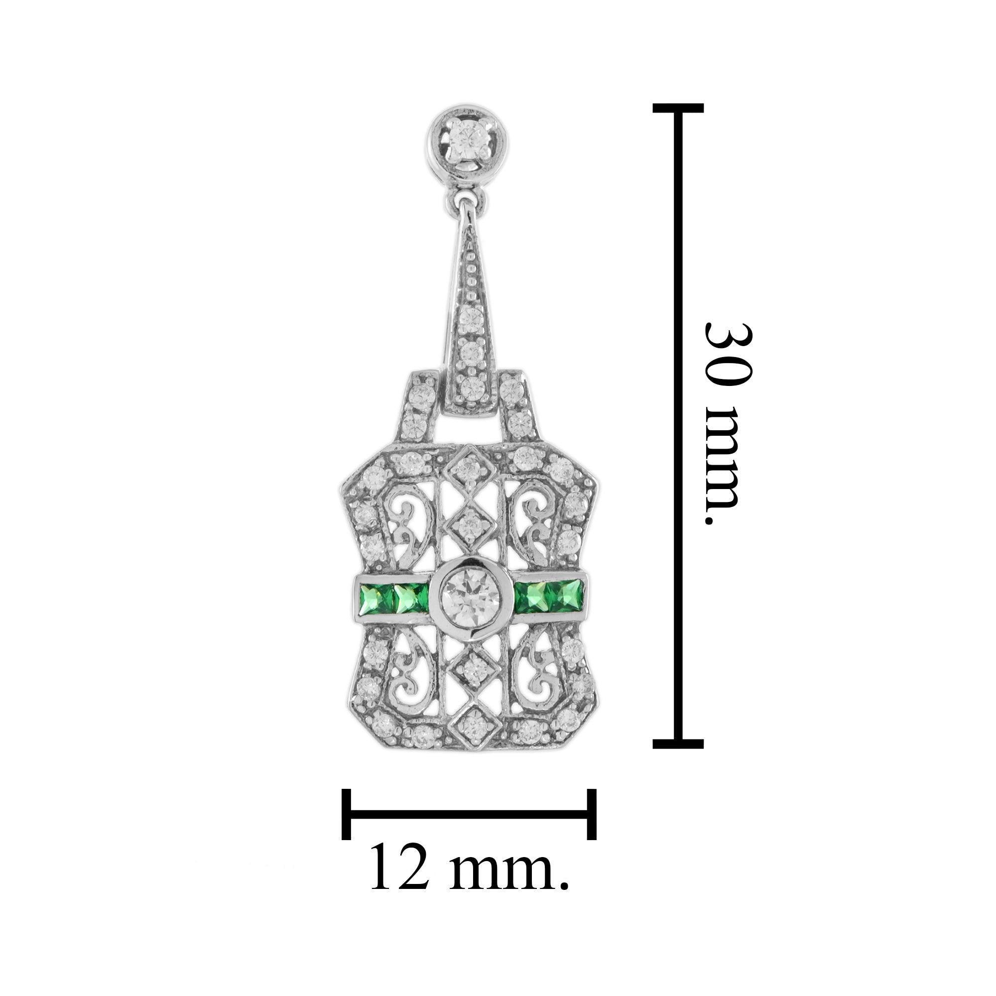 Diamond & Emerald Art Deco Style Filigree Drop 14K White Gold Earrings