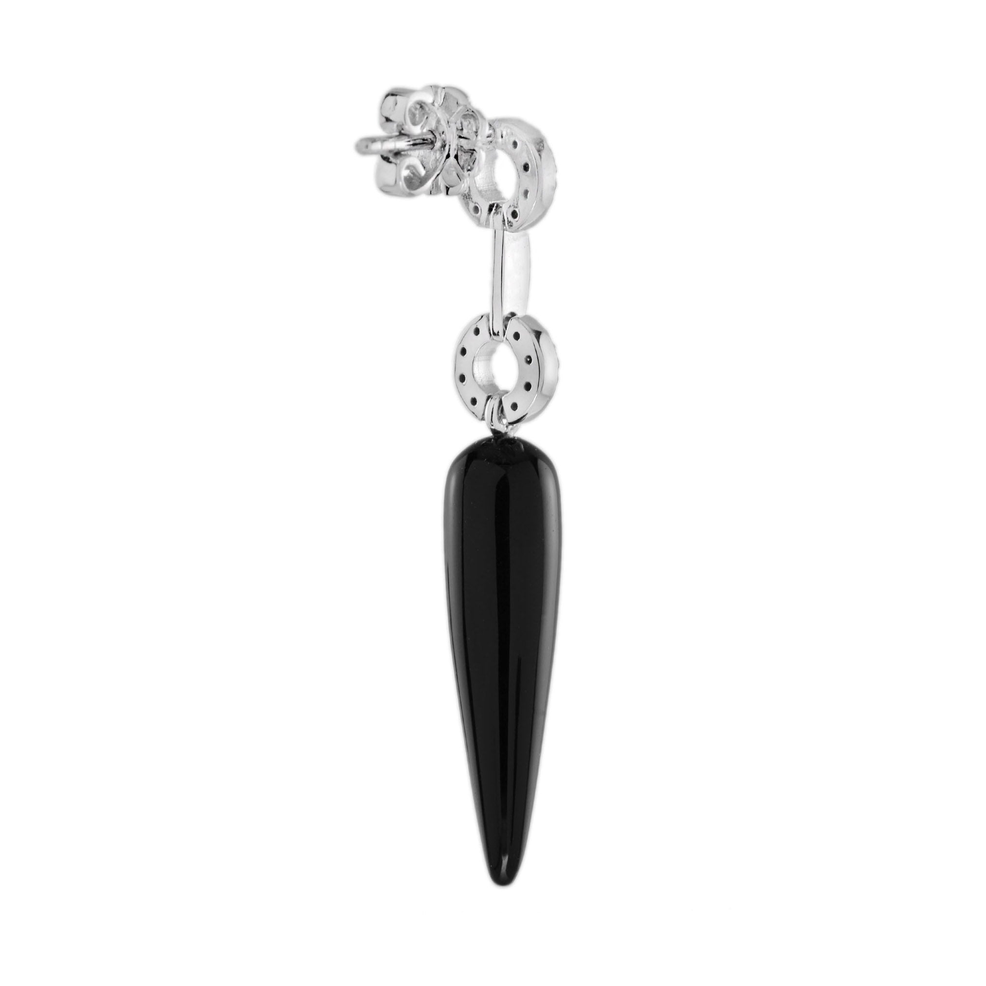 Chili Black Onyx & Diamond Art Deco Style Drop 14K White Gold Earrings