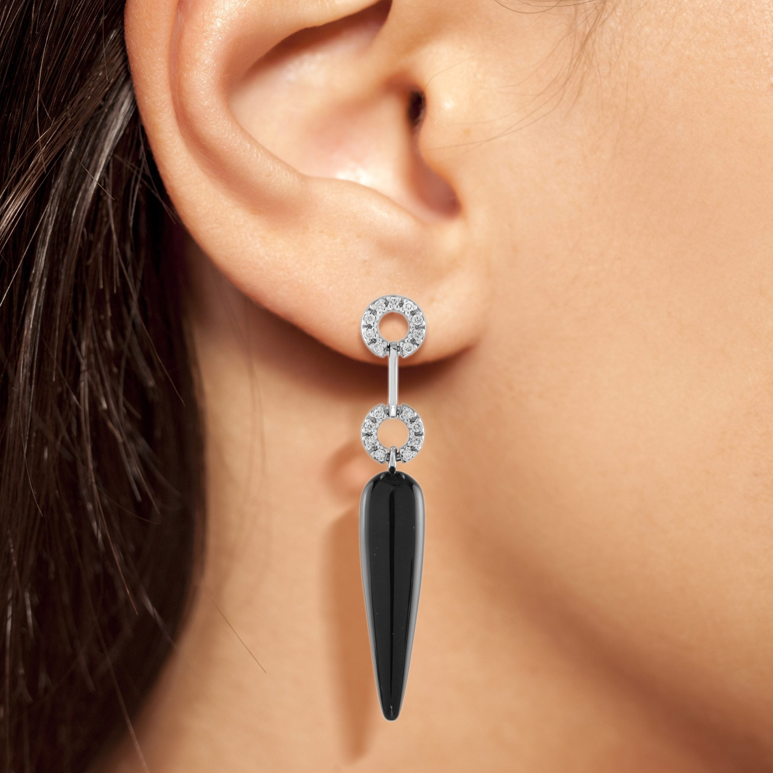 Chili Black Onyx & Diamond Art Deco Style Drop 14K White Gold Earrings