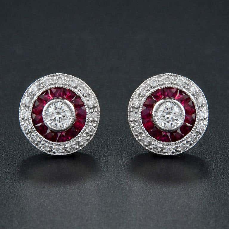 Round Diamond & Red Ruby Double Halo Vintage Style Stud White Gold Earrings