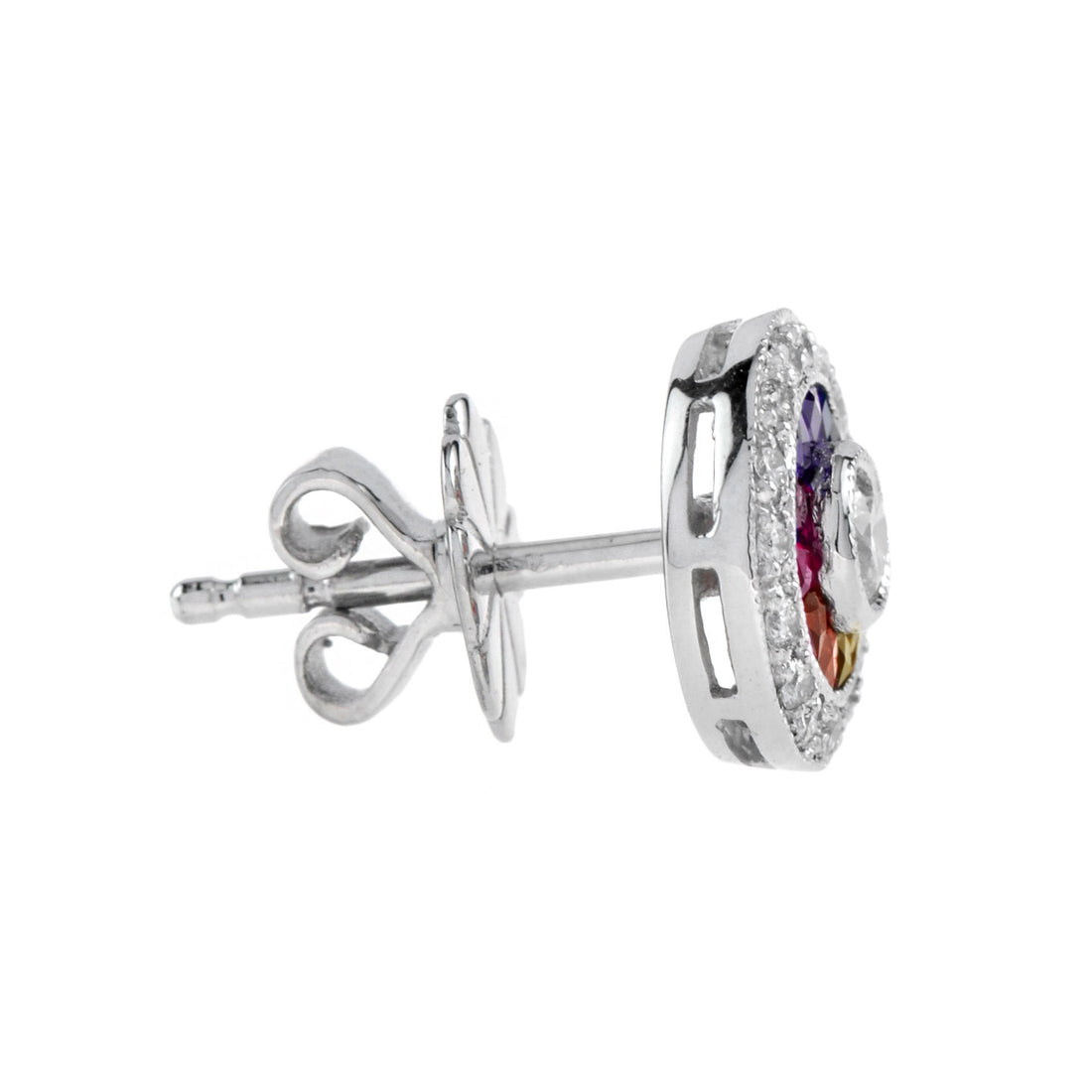 Diamond & Rainbow Sapphire Art Deco Style Stud 14K White Gold Earrings