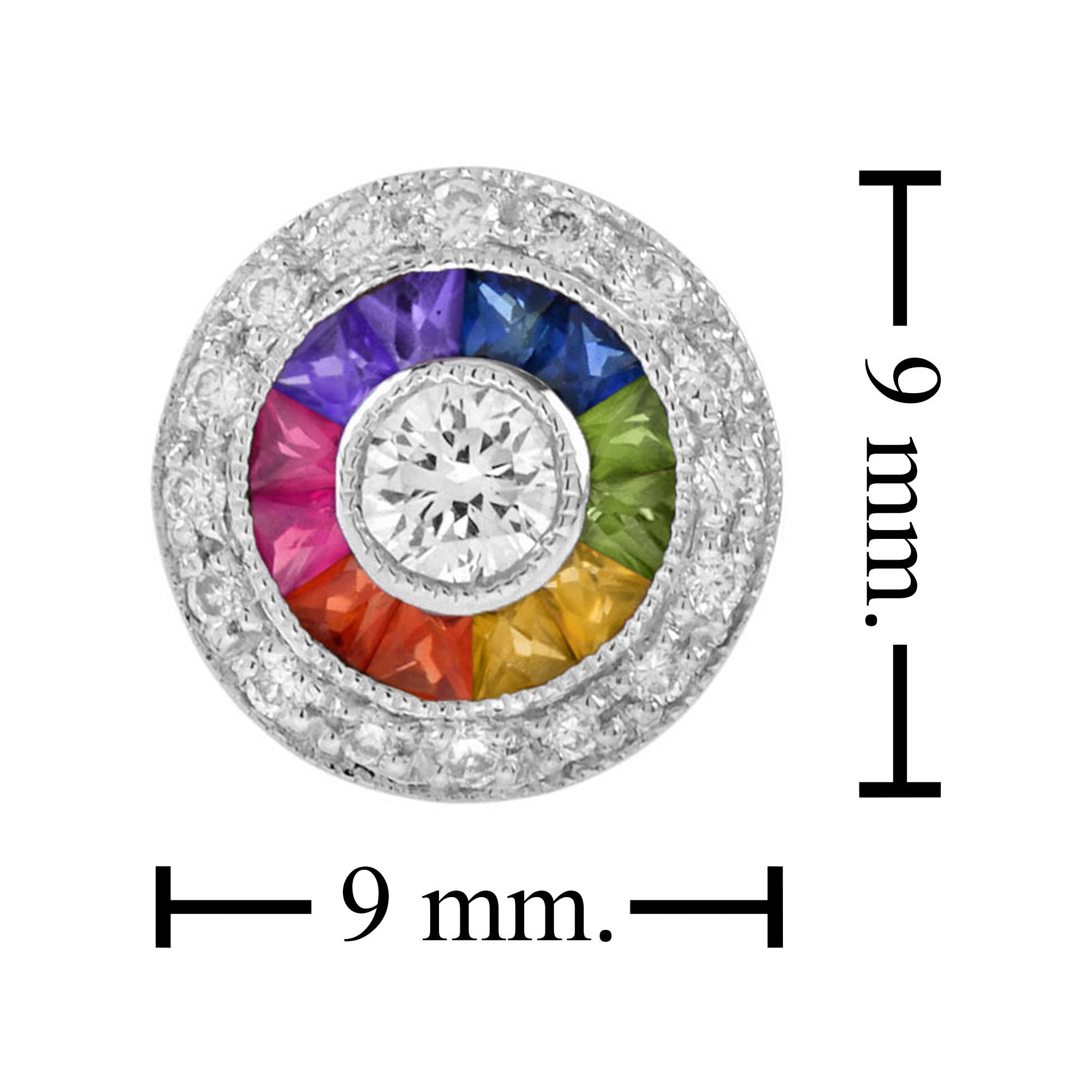 Diamond & Rainbow Sapphire Art Deco Style Stud 14K White Gold Earrings