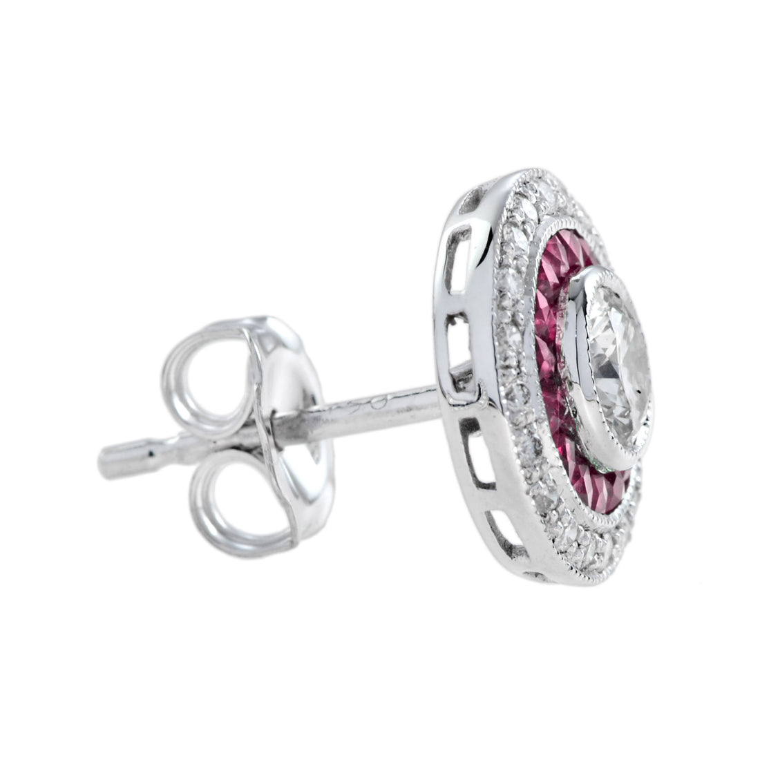 4.4mm Round Diamond & Red Pink Ruby Double Halo Set 14k White Gold Stud Earrings
