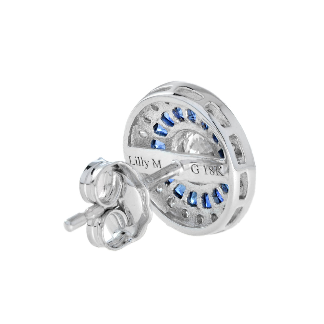 4.4mm Round Diamond & Blue Sapphire Double Halo Stud 18K White Gold Earrings