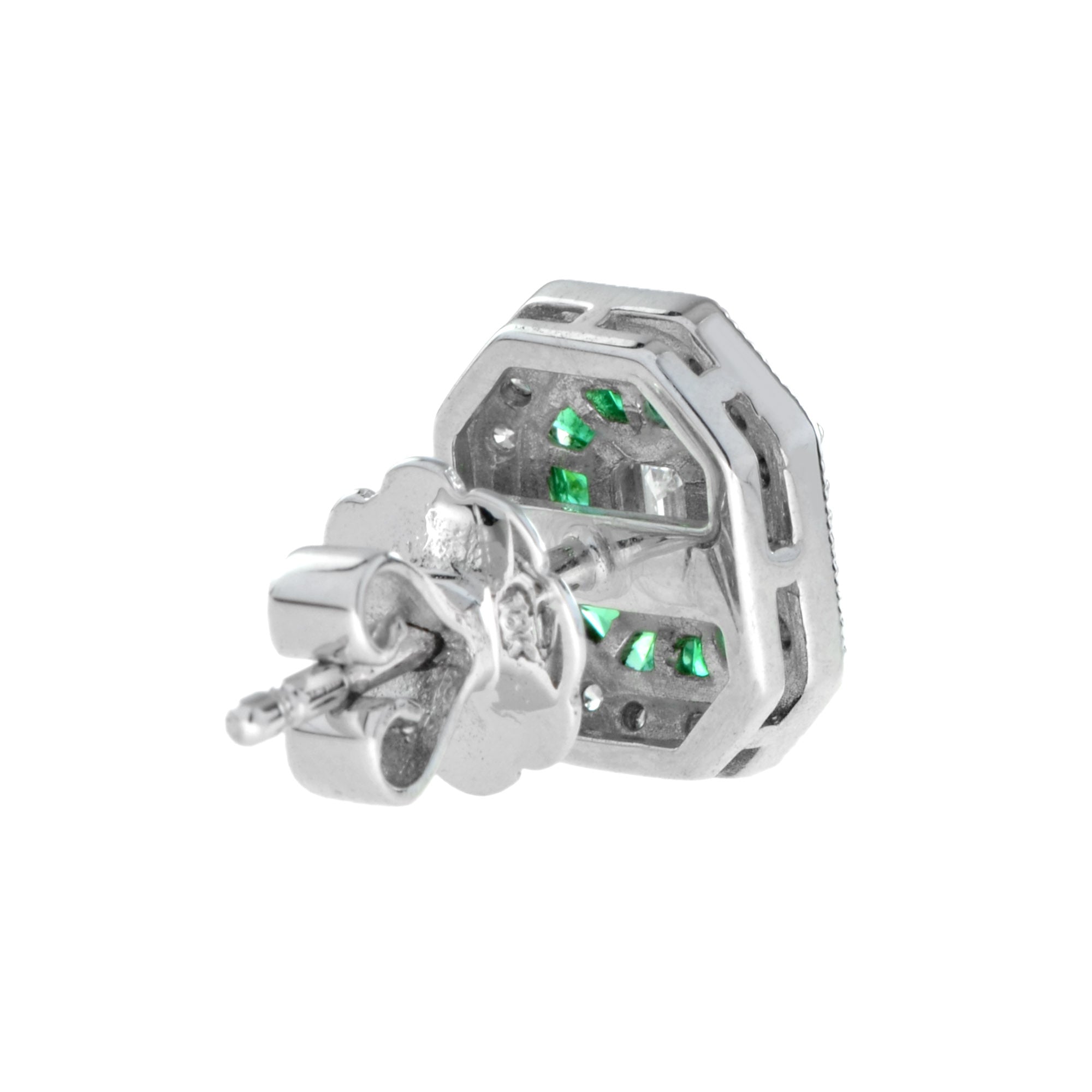 Art Deco Style Emerald Shape Cut Diamond Emerald Halo Set Gold Stud Earrings