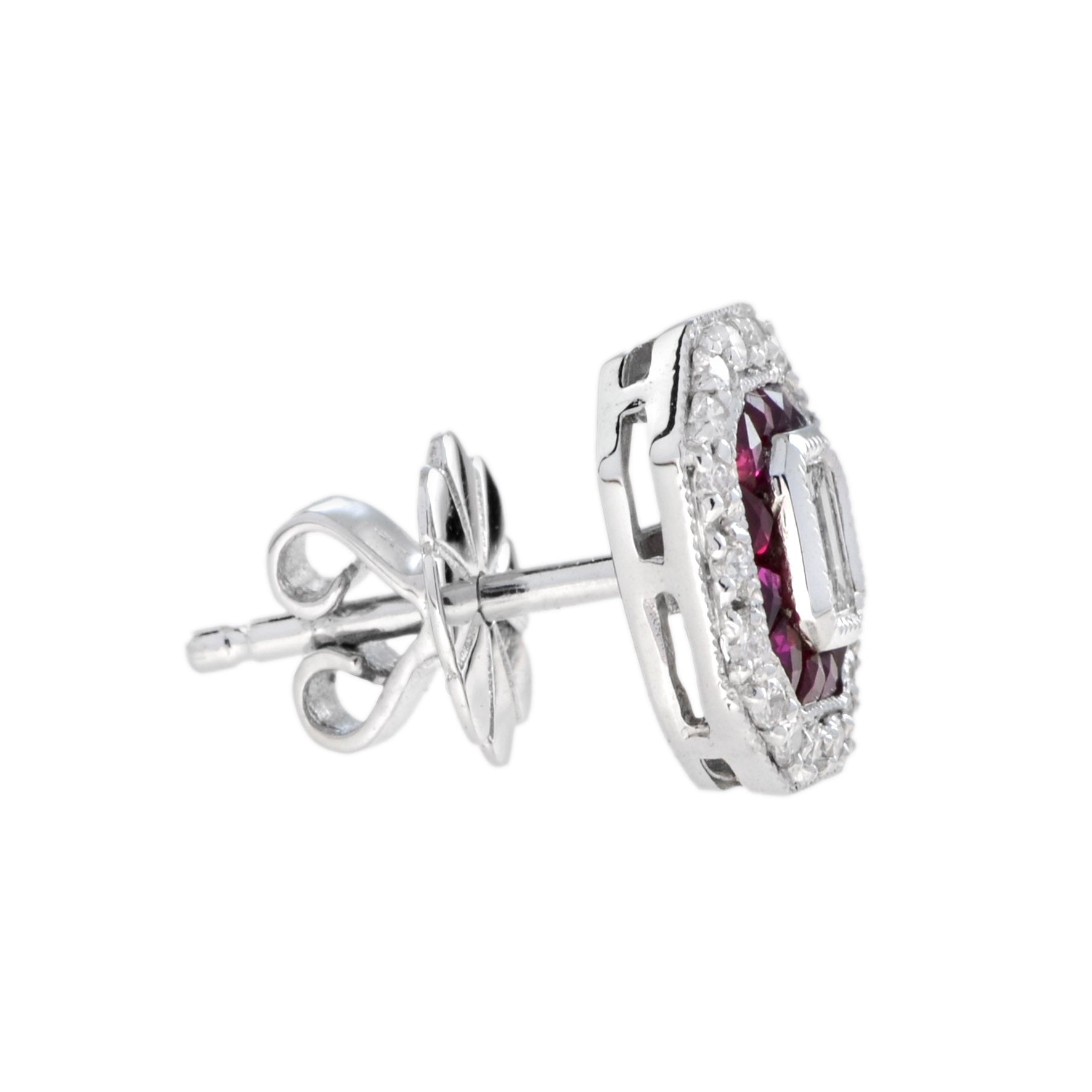Art Deco Style Emerald Cut Diamond & Ruby 14K White Gold Stud Earrings