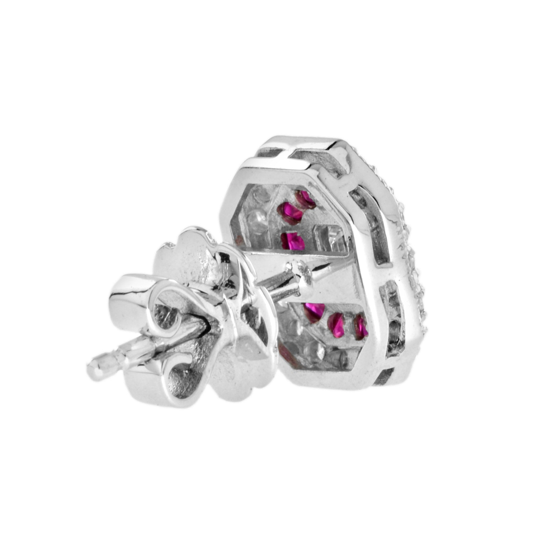 Art Deco Style Emerald Cut Diamond & Ruby 14K White Gold Stud Earrings