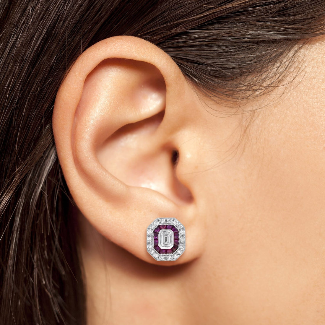 Art Deco Style Emerald Cut Diamond & Ruby 14K White Gold Stud Earrings