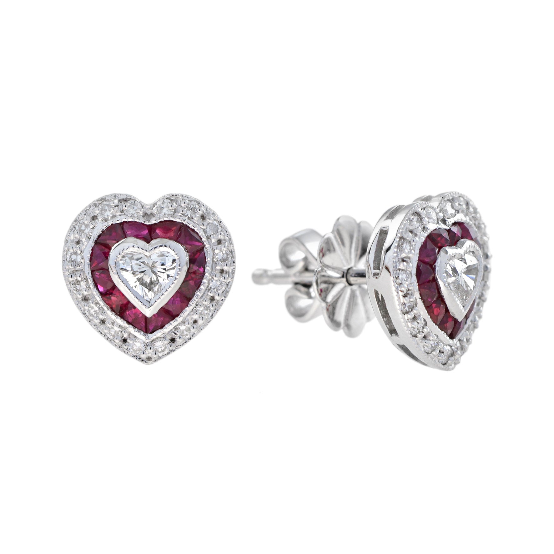 Heart Shape Diamond & Red Ruby Art Deco Style Halo White Gold Stud Earrings