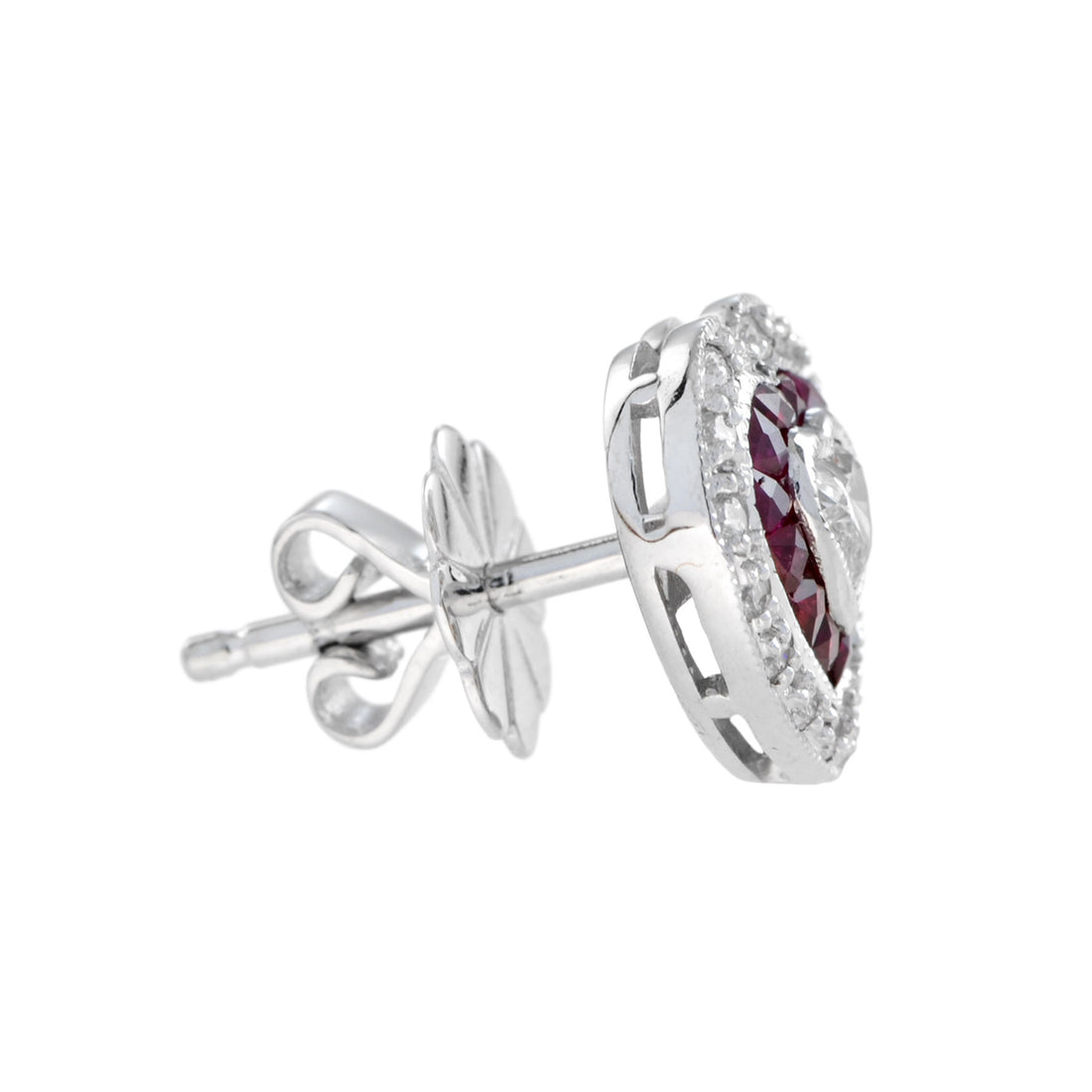 Heart Shape Diamond & Red Ruby Art Deco Style Halo White Gold Stud Earrings