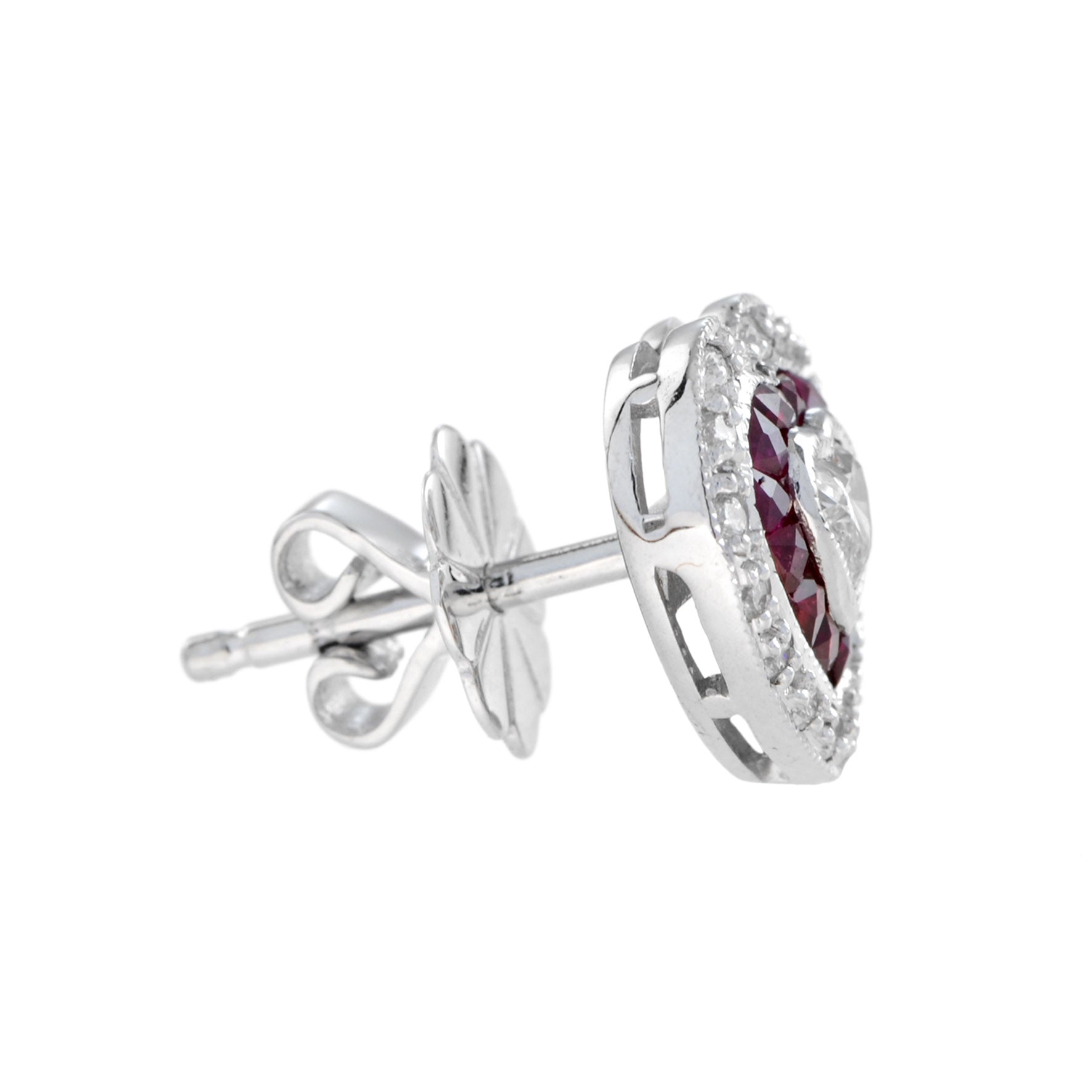 Heart Shape Diamond & Red Ruby Art Deco Style Halo White Gold Stud Earrings