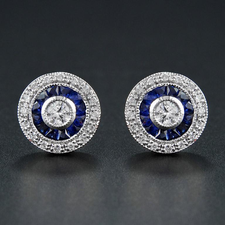 3mm Round Diamond & Blue Sapphire Double Halo Set Stud 14K White Gold Earrings