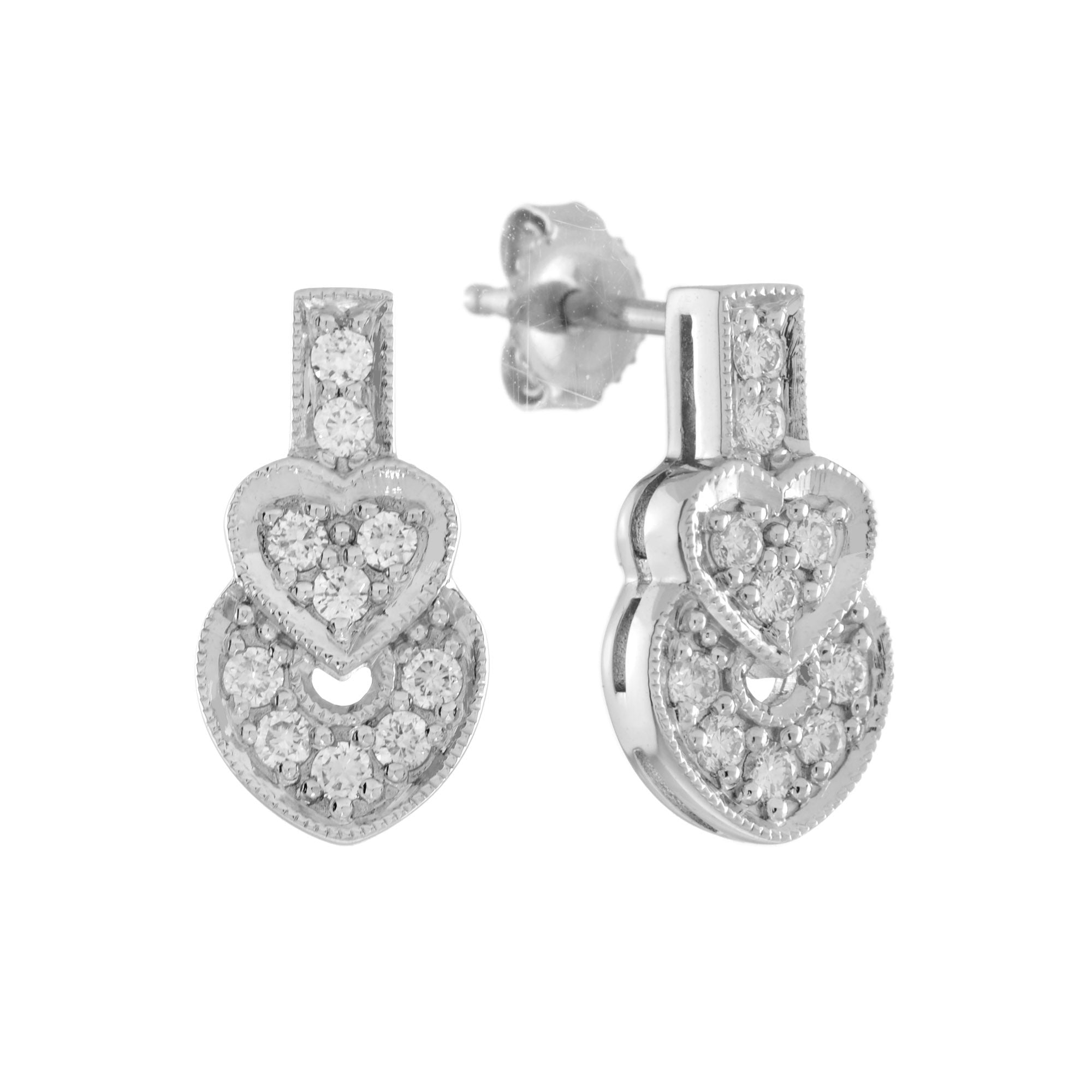 Round Diamond Pave Set Heart Shape Stud 14K White Gold Art Deco Style Earrings