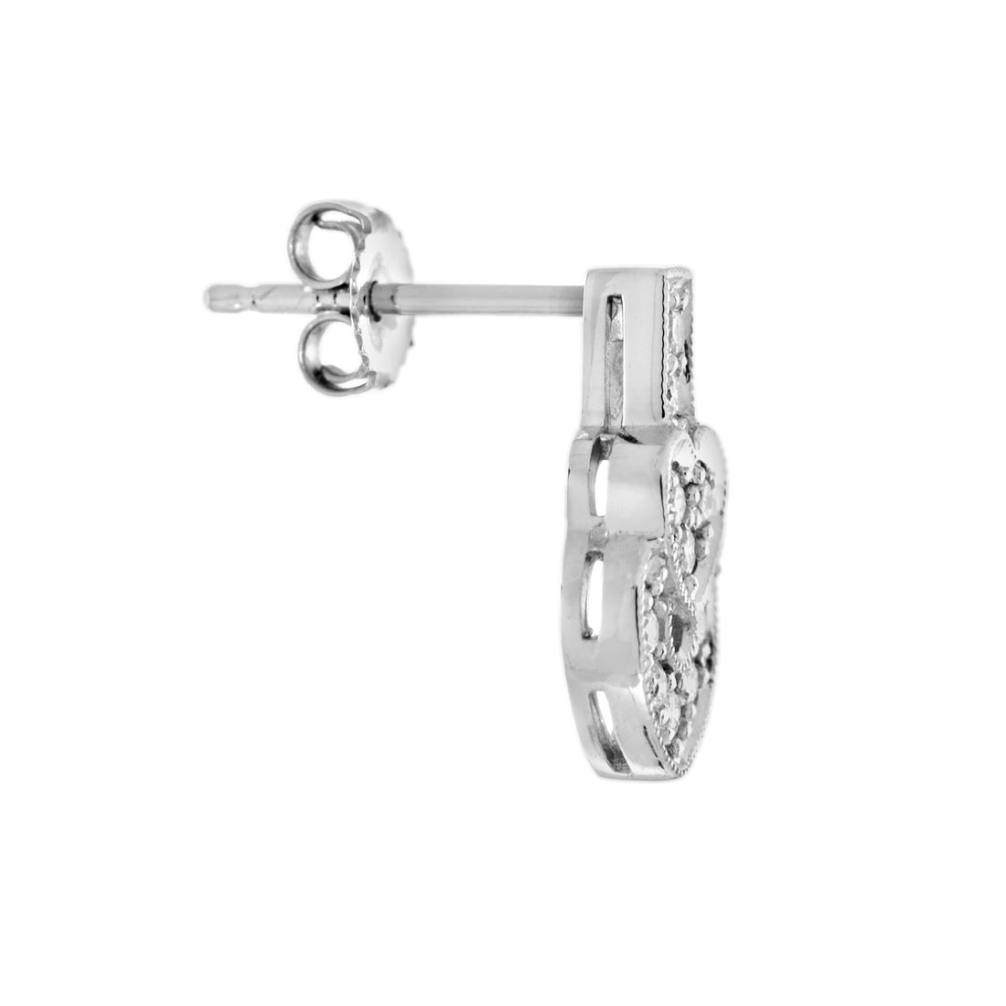 Round Diamond Pave Set Heart Shape Stud 14K White Gold Art Deco Style Earrings