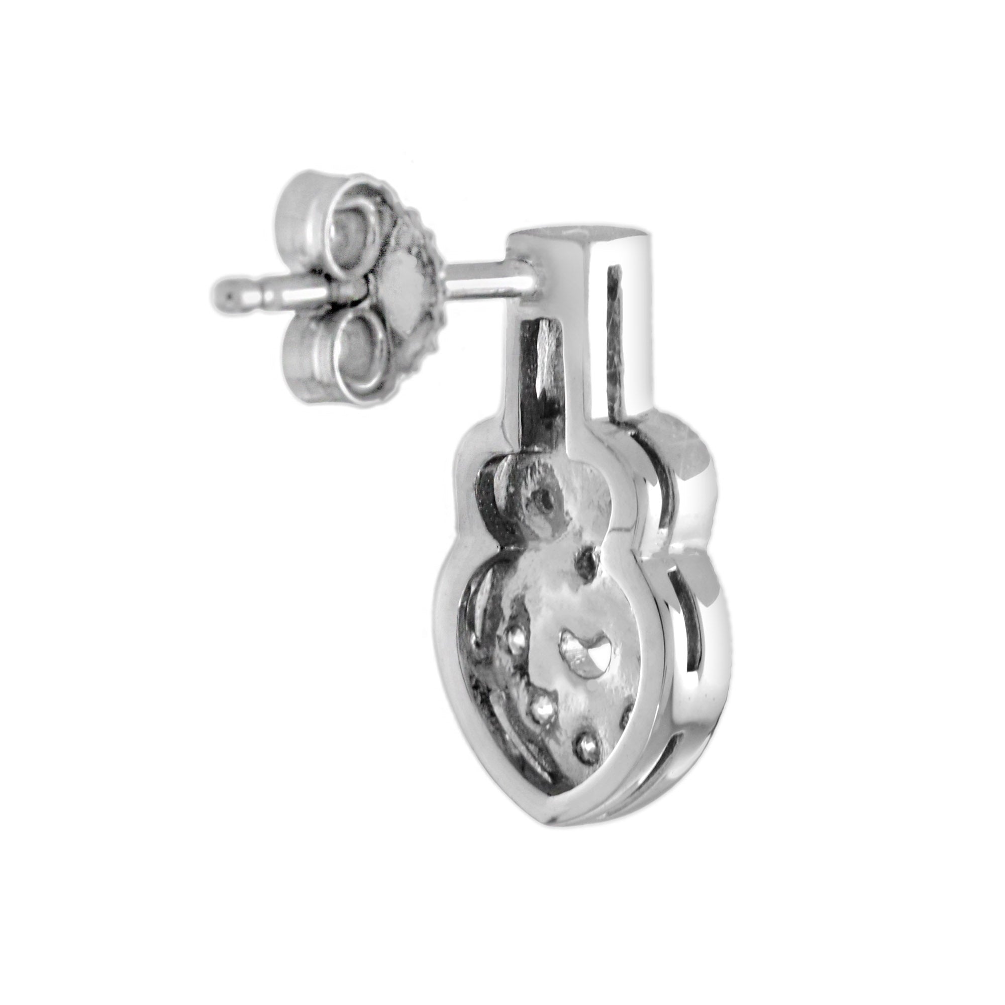 Round Diamond Pave Set Heart Shape Stud 14K White Gold Art Deco Style Earrings