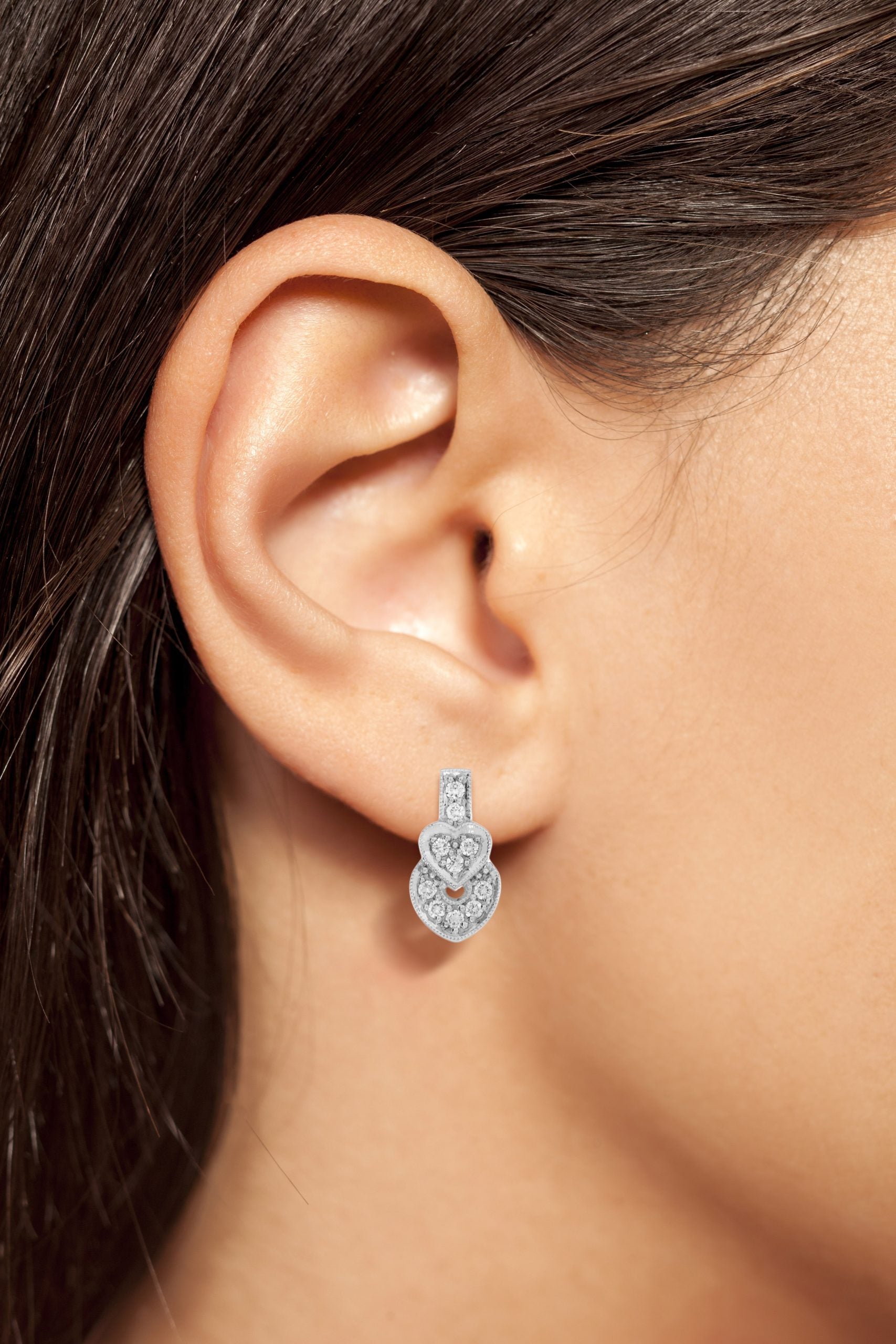 Round Diamond Pave Set Heart Shape Stud 14K White Gold Art Deco Style Earrings