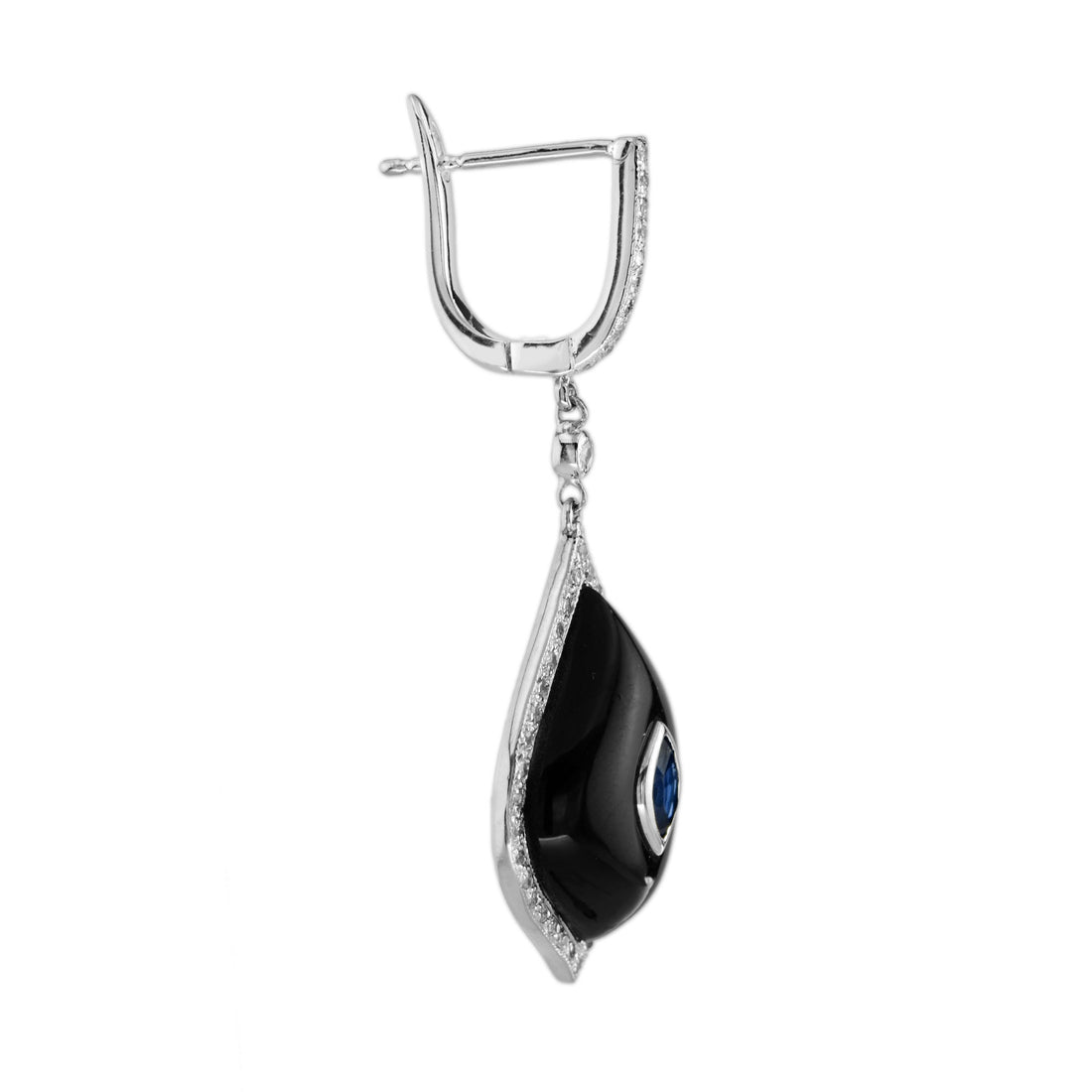 Blue Sapphire Black Onyx Diamond Marquise Shape 14K White Gold Dangle Earrings