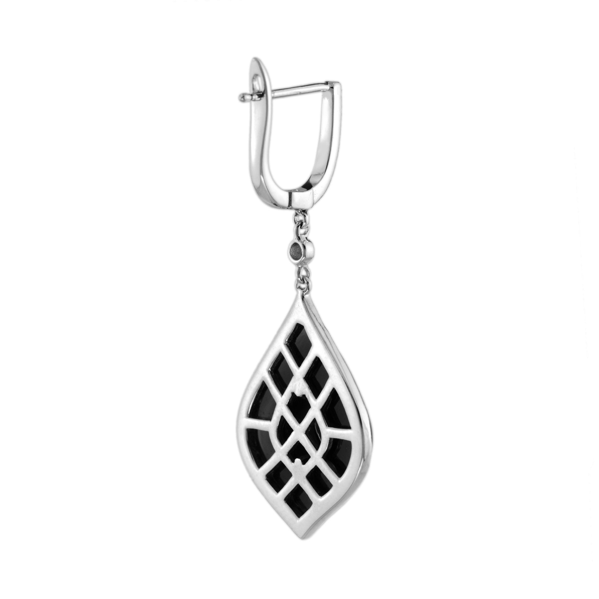 Blue Sapphire Black Onyx Diamond Marquise Shape 14K White Gold Dangle Earrings