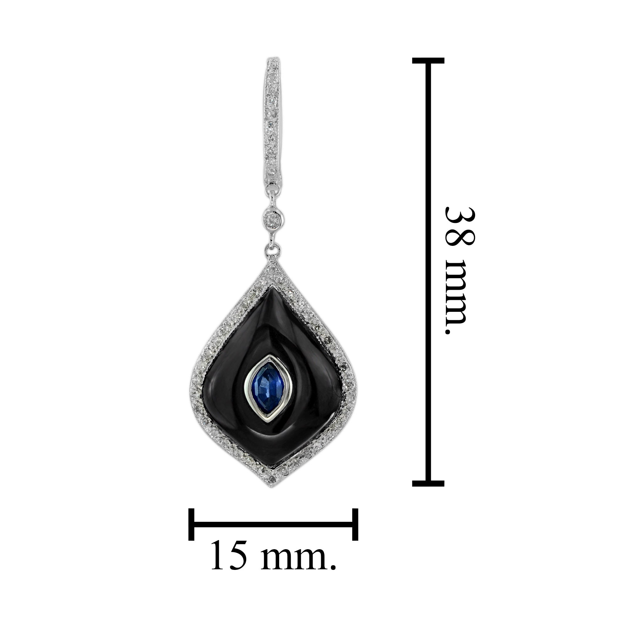 Blue Sapphire Black Onyx Diamond Marquise Shape 14K White Gold Dangle Earrings