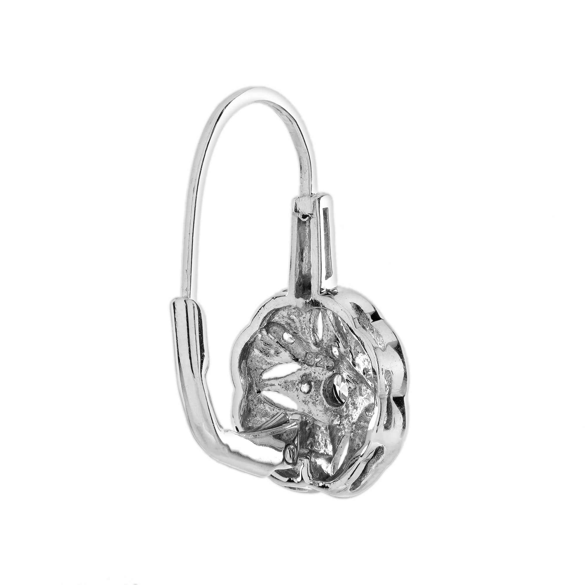 Diamond & Black Enamel Art Deco Style Floral Flower White Gold Drop Earrings