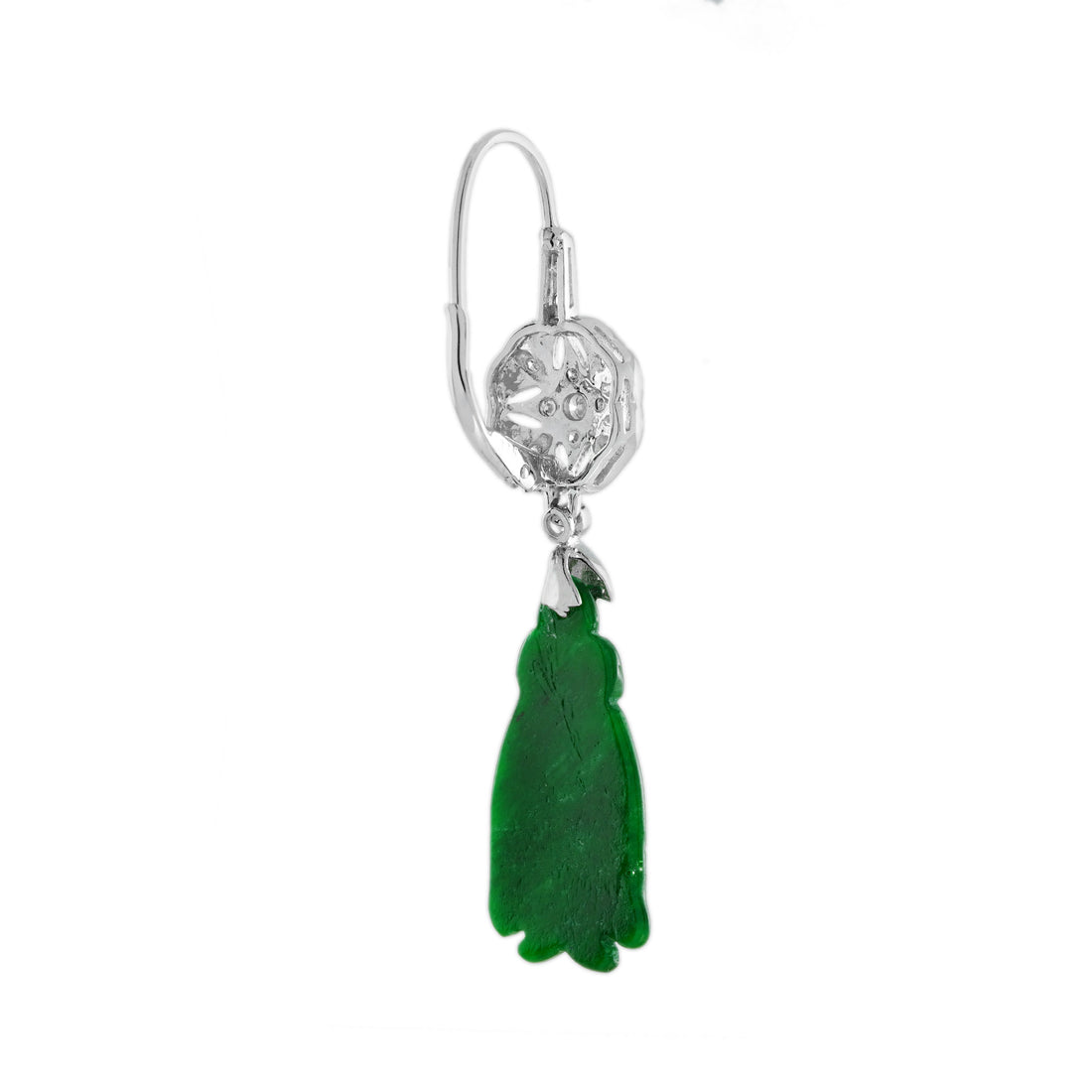 Tassel Carved Jade Diamond Enamel Vintage Style 9K White Gold Earrings