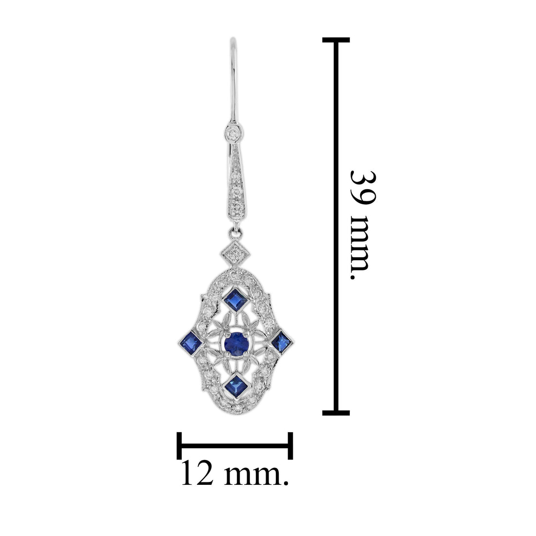 Blue Sapphire & Diamond Vintage Inspired Art Deco Style Drop White Gold Earrings
