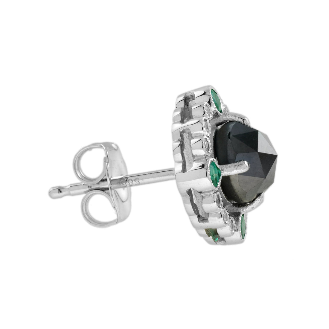 Round Black Diamond Emerald Art Deco Inspired Stud 14K White Gold Earrings