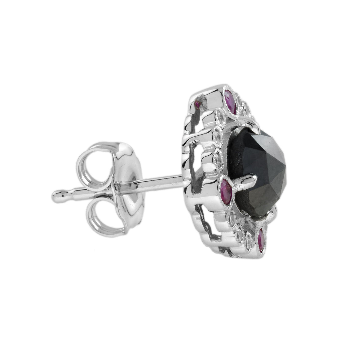 Round Black Diamond Red Ruby Art Deco Inspired Stud 14K White Gold Earrings