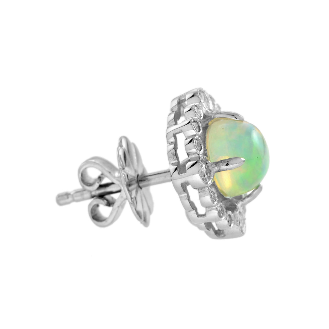 Opal & Diamond Art Deco Style Stud 14K White Gold Earrings