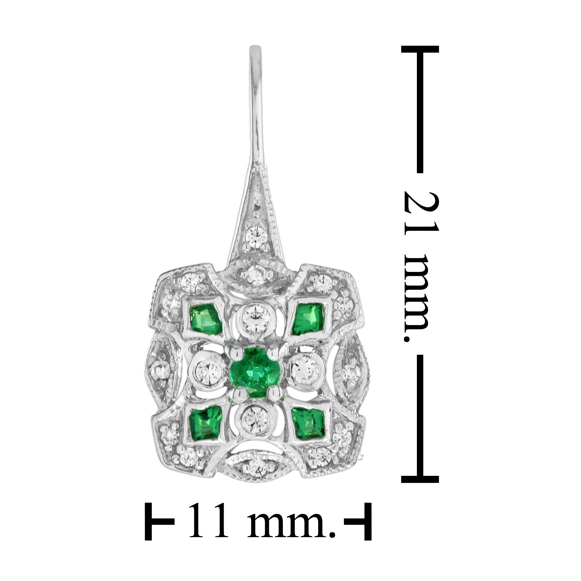 Green Emerald & Diamond Square Shape Art Deco Inspired Cluster 14K Gold Earrings