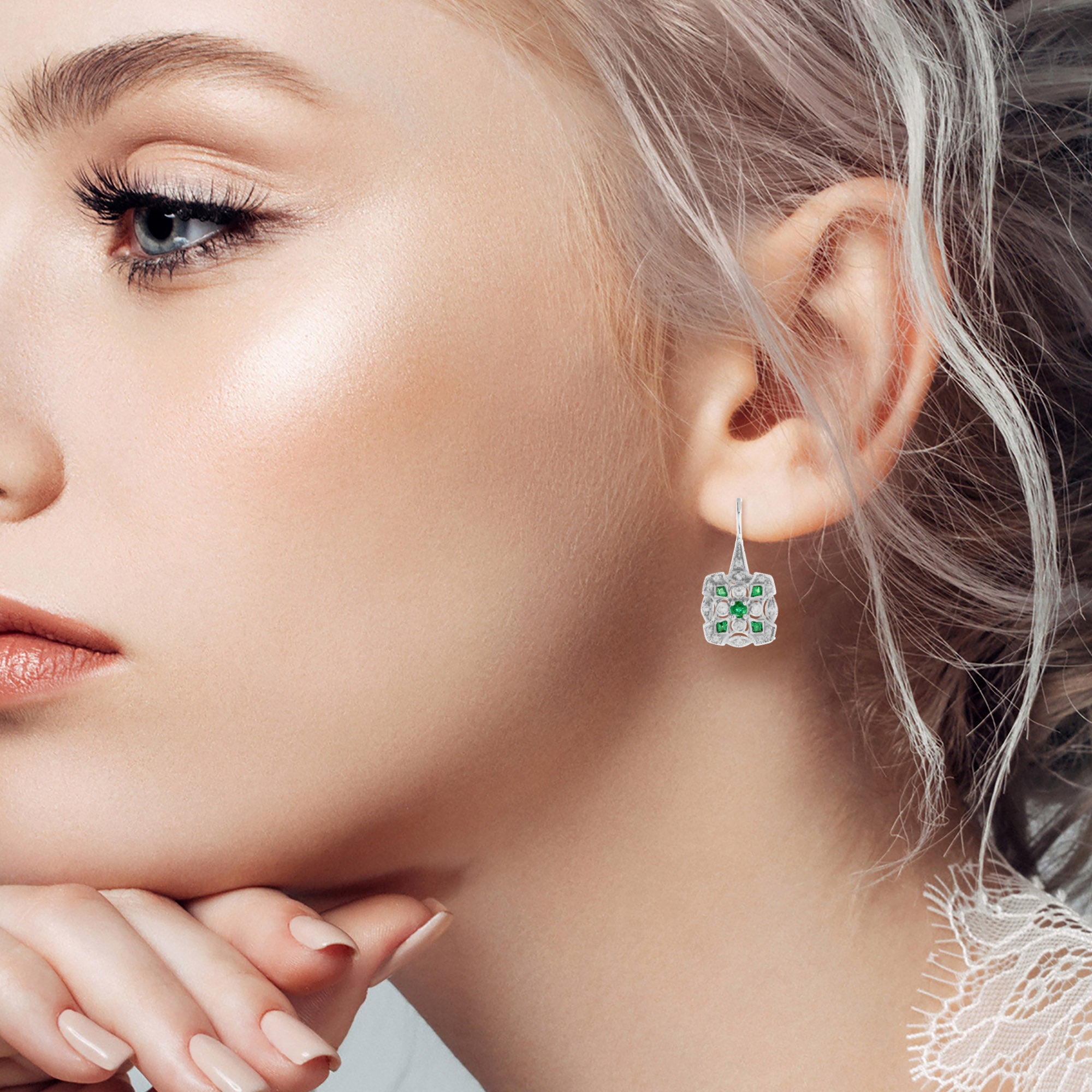 Green Emerald & Diamond Square Shape Art Deco Inspired Cluster 14K Gold Earrings