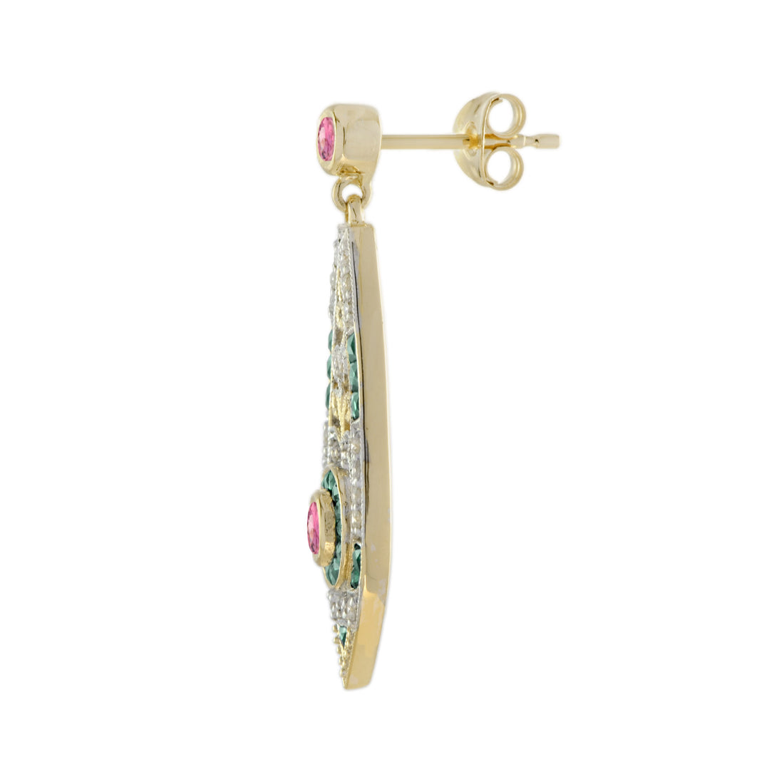 Pink Tourmaline Emerald Diamond Art Deco Style Drop 14K Gold Earrings