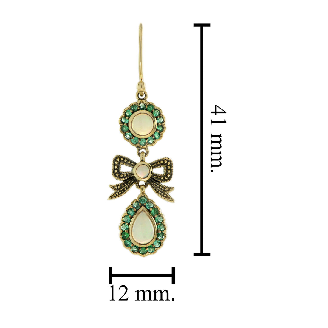 Opal & Emerald Accent Vintage Style Bow Drop 9K Yellow Gold Earrings