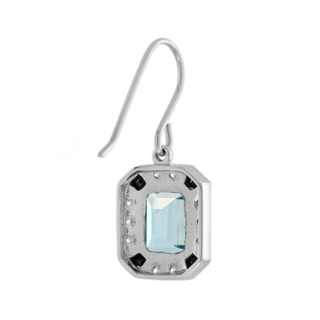Emerald Cut Blue Topaz Onyx Diamond Art Deco Style Drop 14K White Gold Earrings