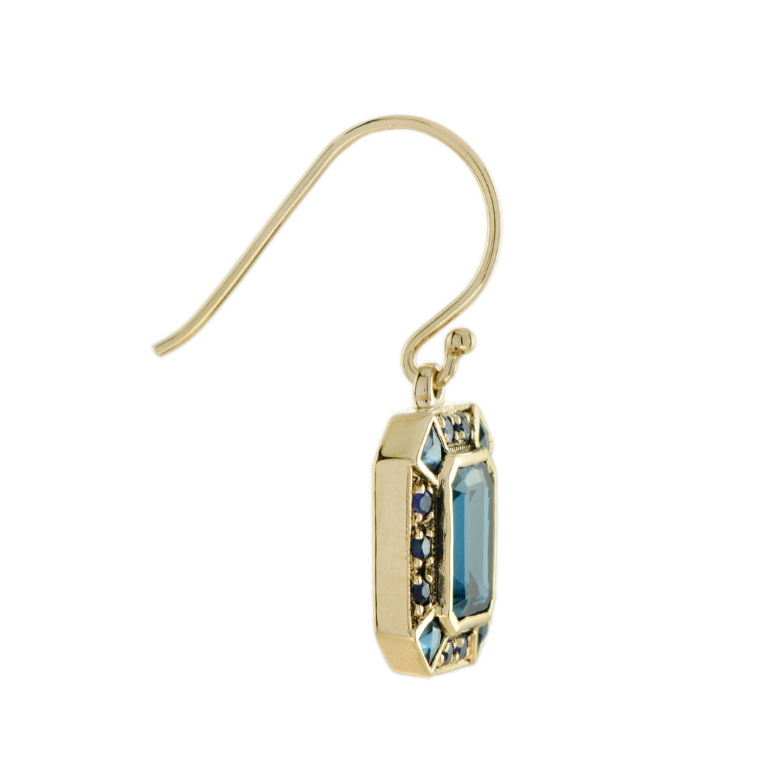 Emerald Cut London Blue Topaz & Sapphire Art Deco Style 9K Yellow Gold Earrings