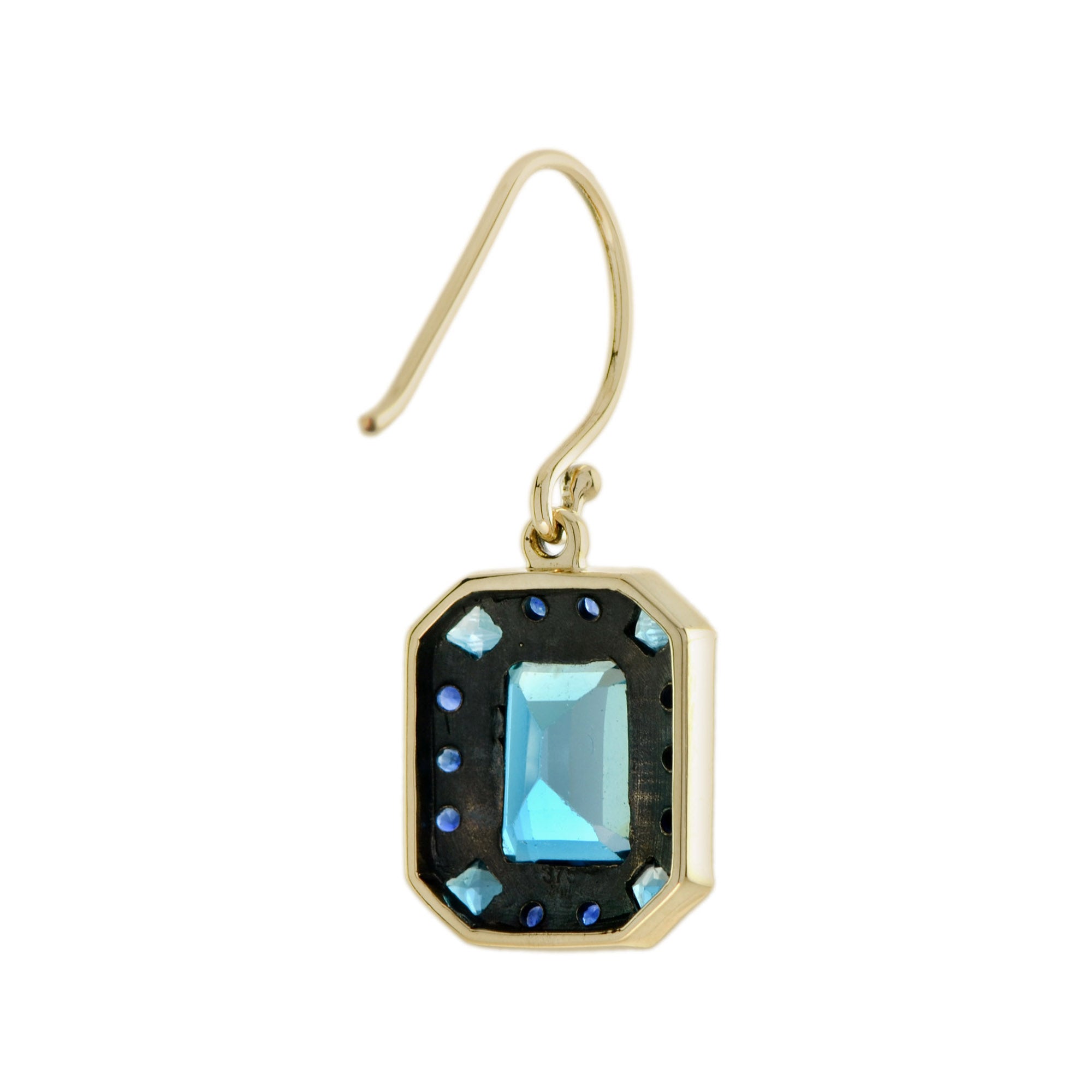 Emerald Cut London Blue Topaz & Sapphire Art Deco Style 9K Yellow Gold Earrings