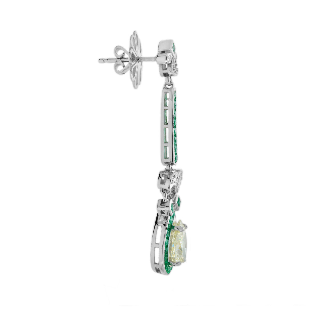 GIA Light Yellow Diamond & Green Emerald Art Deco Style 18K White Gold Earrings