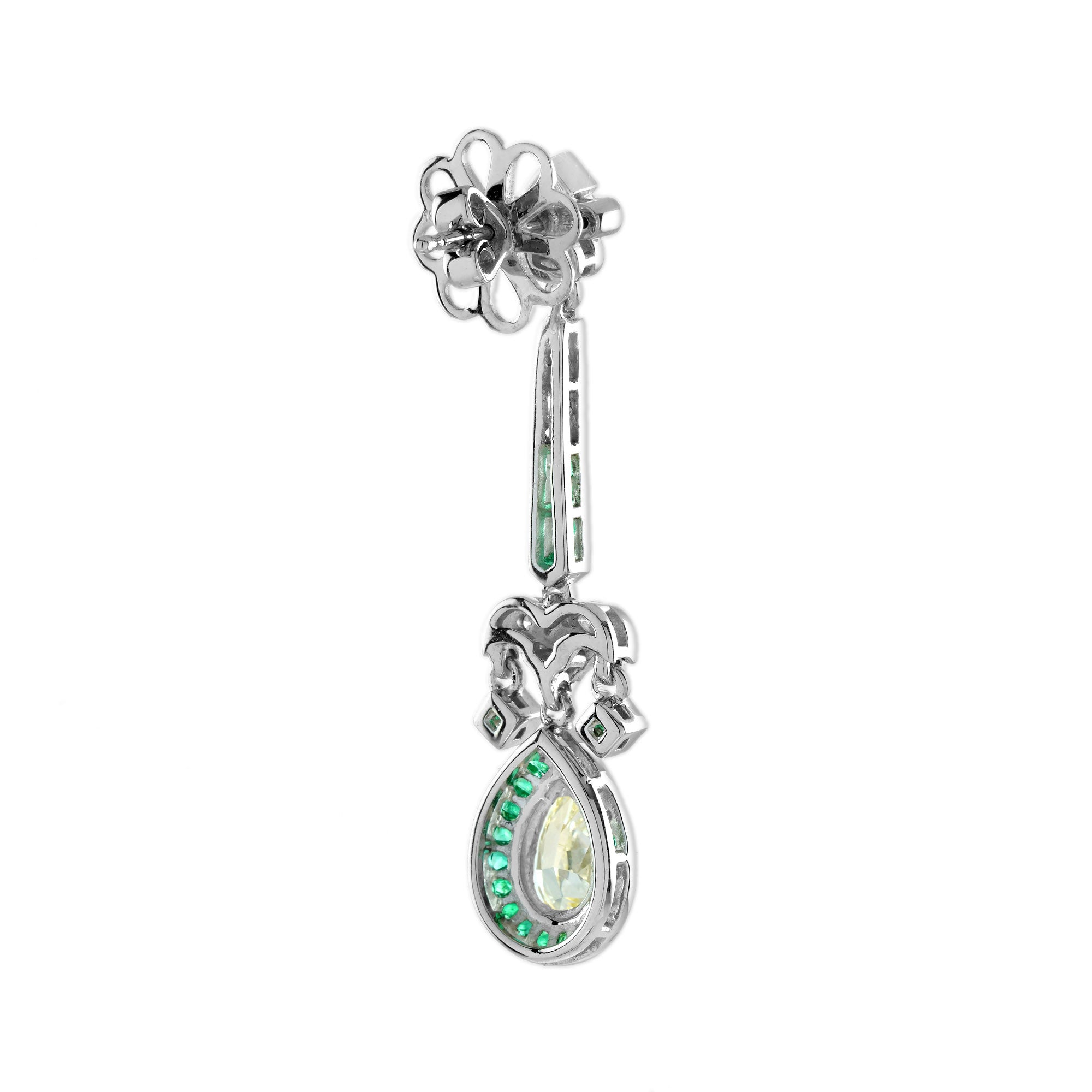 GIA Light Yellow Diamond & Green Emerald Art Deco Style 18K White Gold Earrings