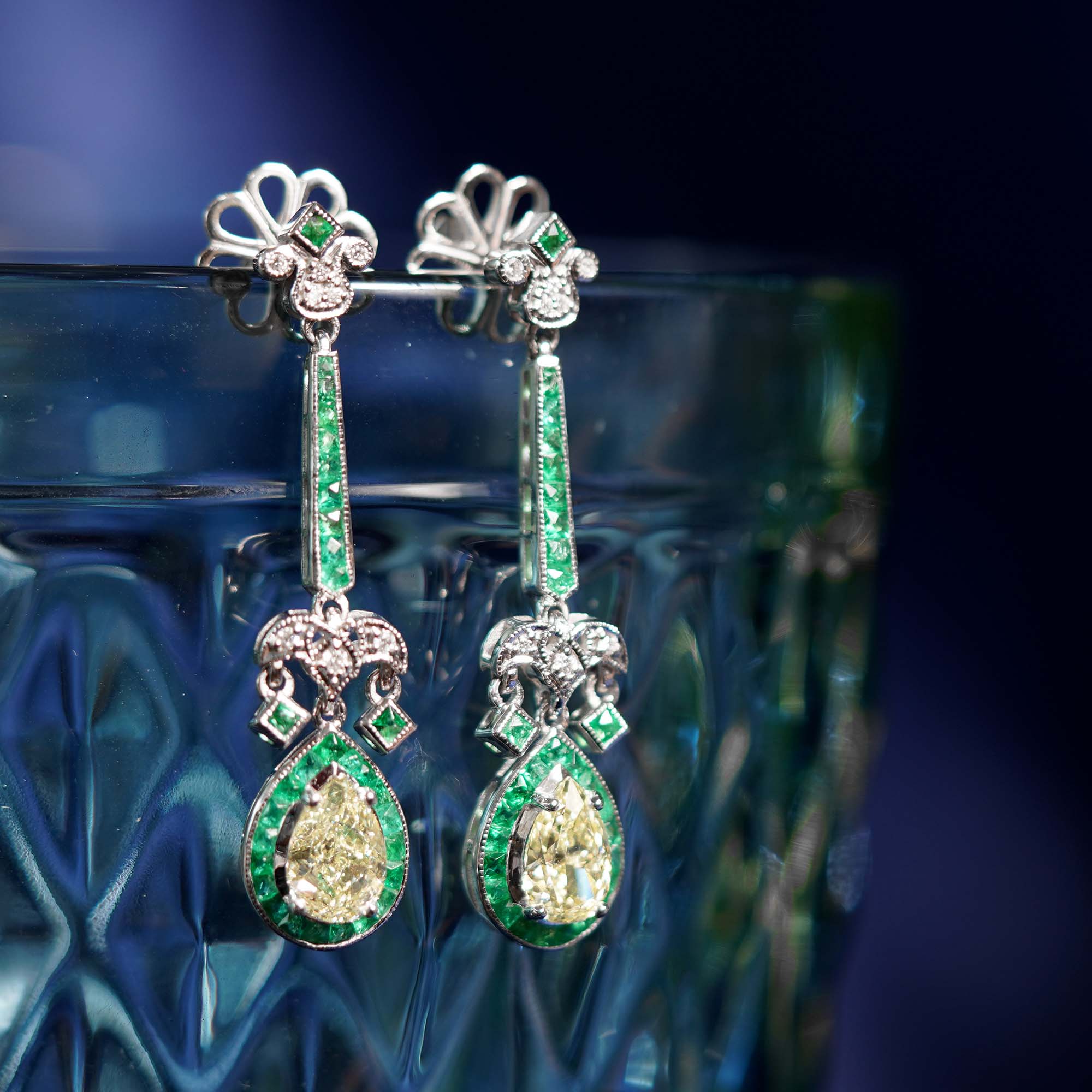 GIA Light Yellow Diamond & Green Emerald Art Deco Style 18K White Gold Earrings