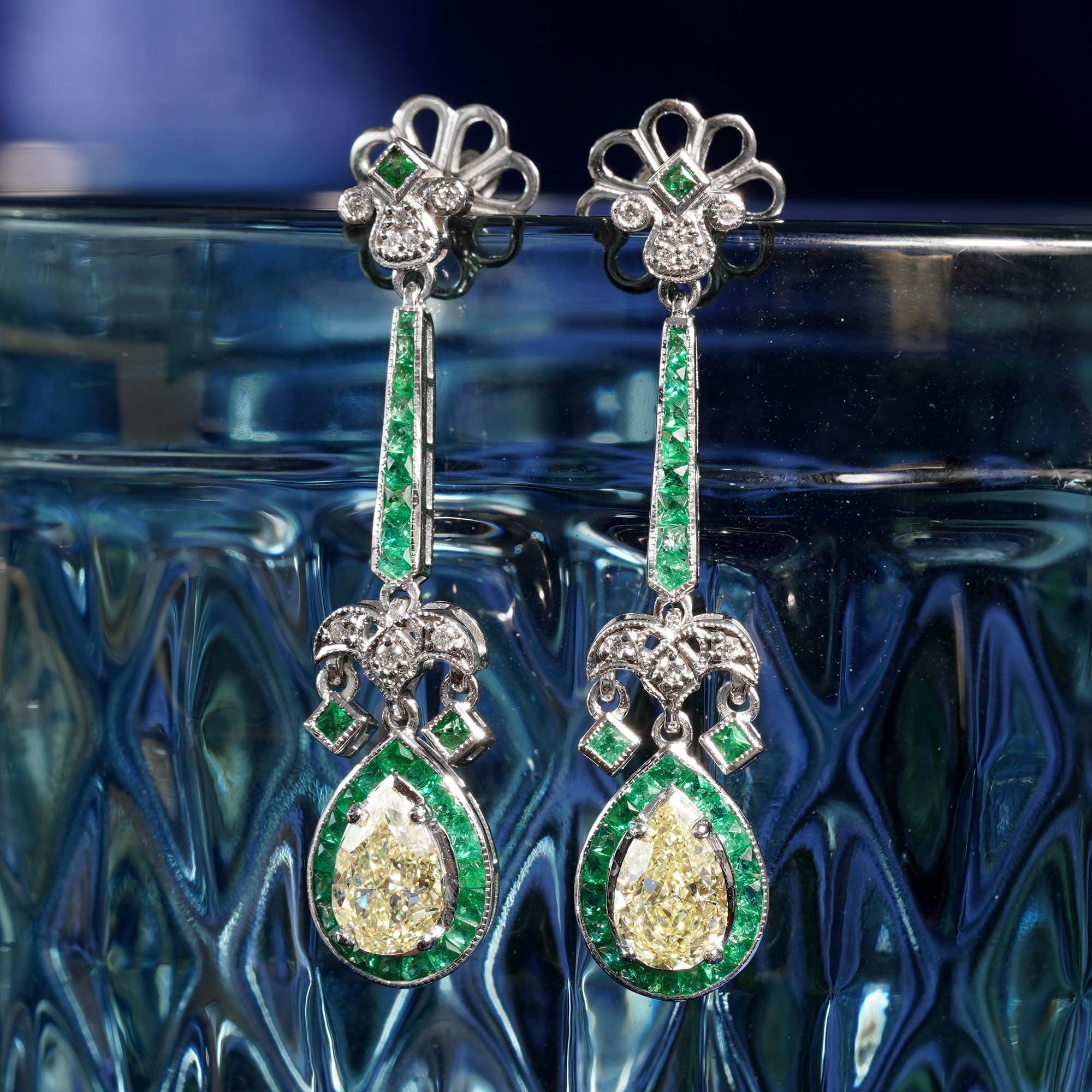 GIA Light Yellow Diamond & Green Emerald Art Deco Style 18K White Gold Earrings