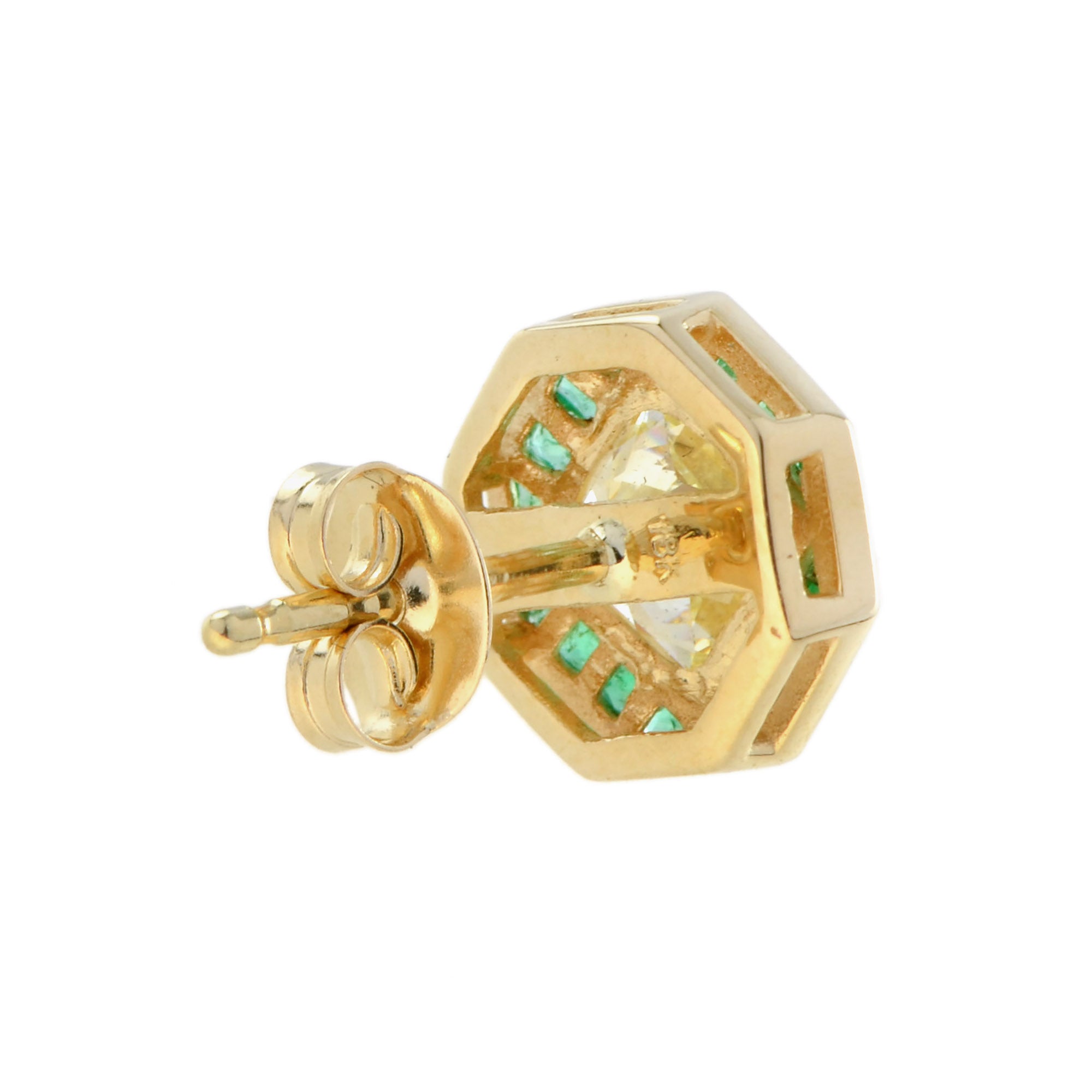 GIA Cushion Diamond & Green Emerald Art Deco Style Stud 18K Yellow Gold Earrings