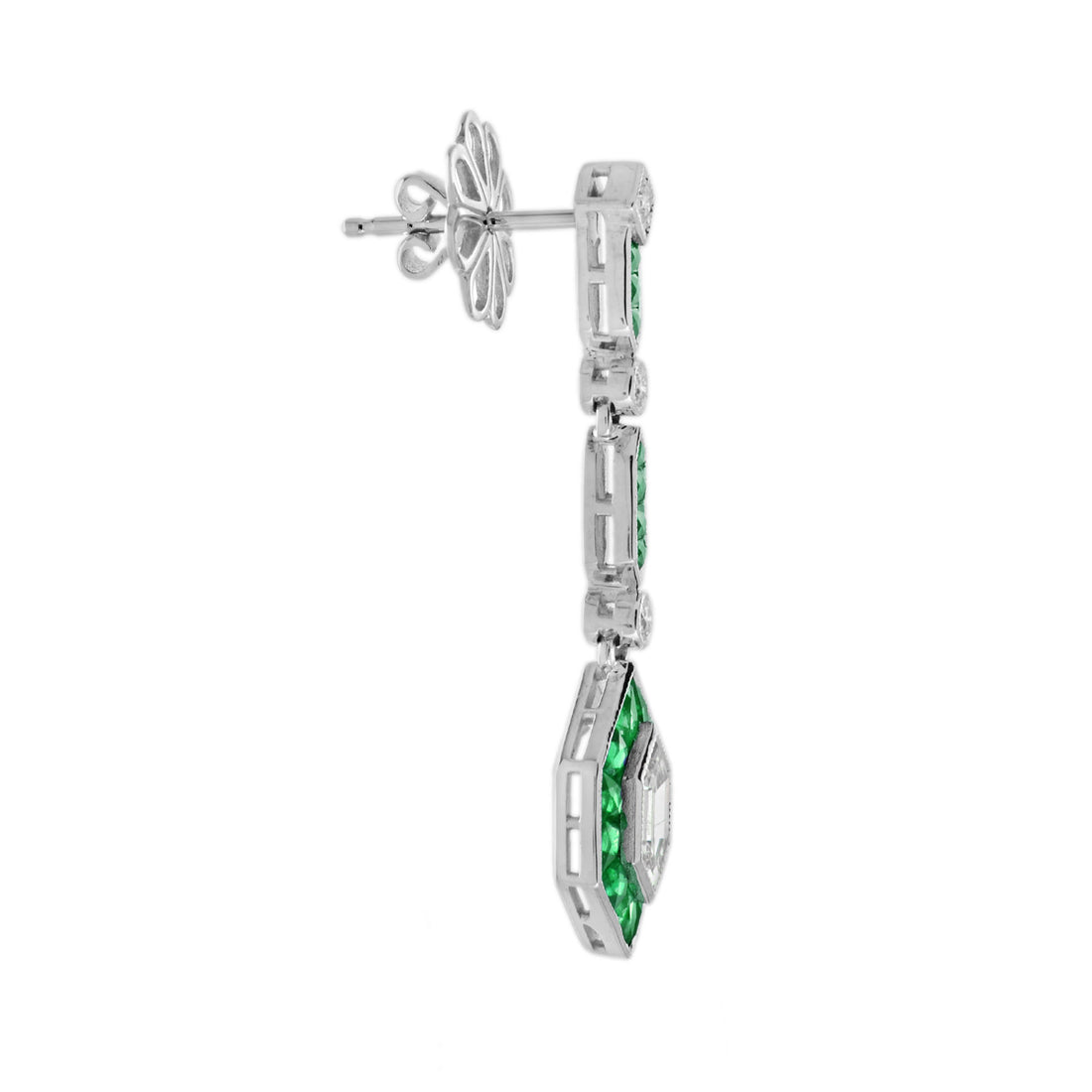 Bullet Diamond & Green Emerald Art Deco Style Drop 14K White Gold Earrings