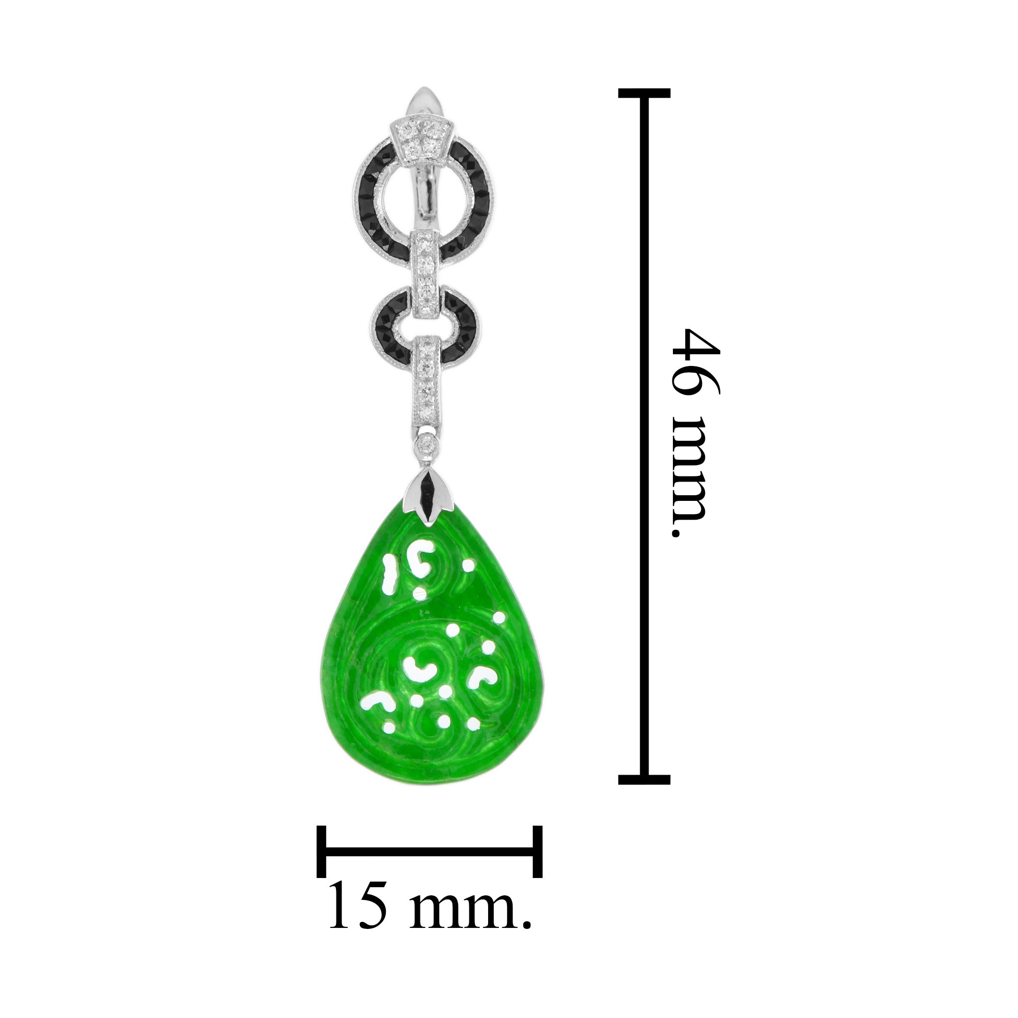 Carved Green Jade & Onyx Diamond Art Deco Style Dangle 14K White Gold Earrings