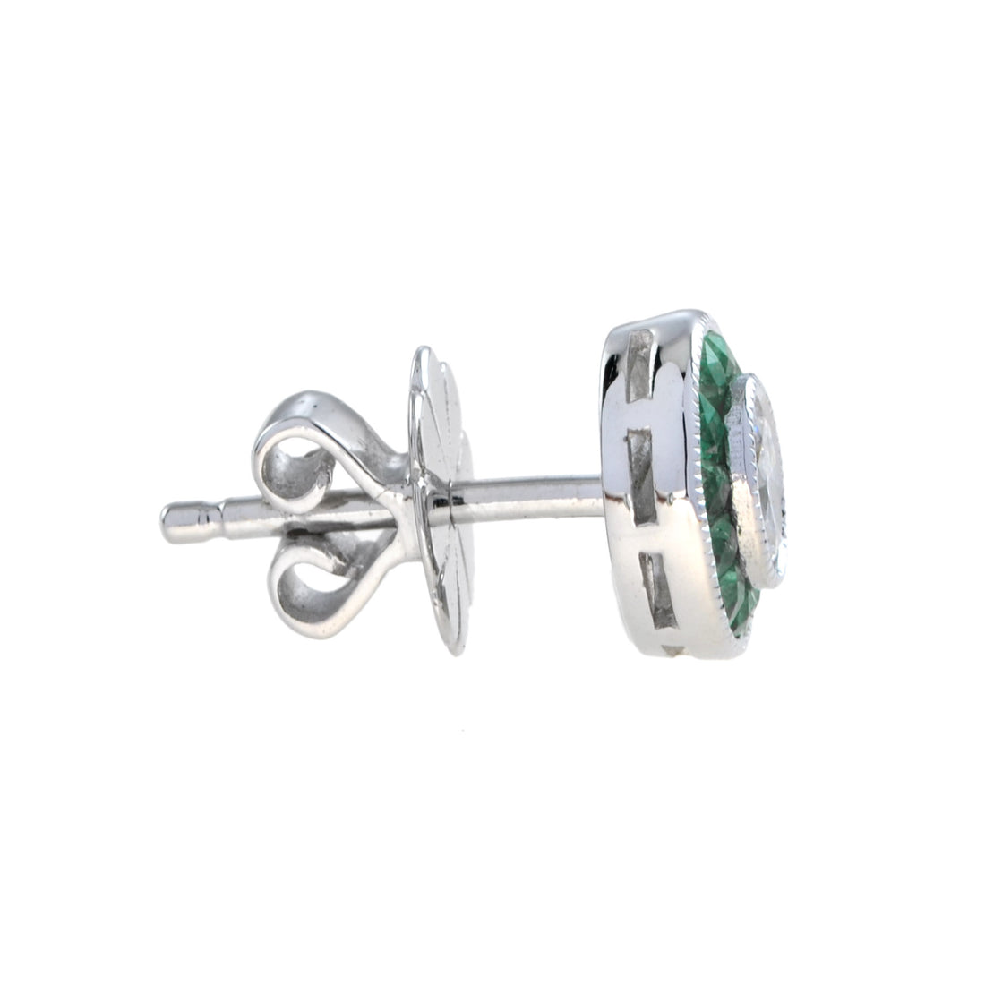 Diamond & Green Emerald Art Deco Style Target 14K White Gold Stud Earrings