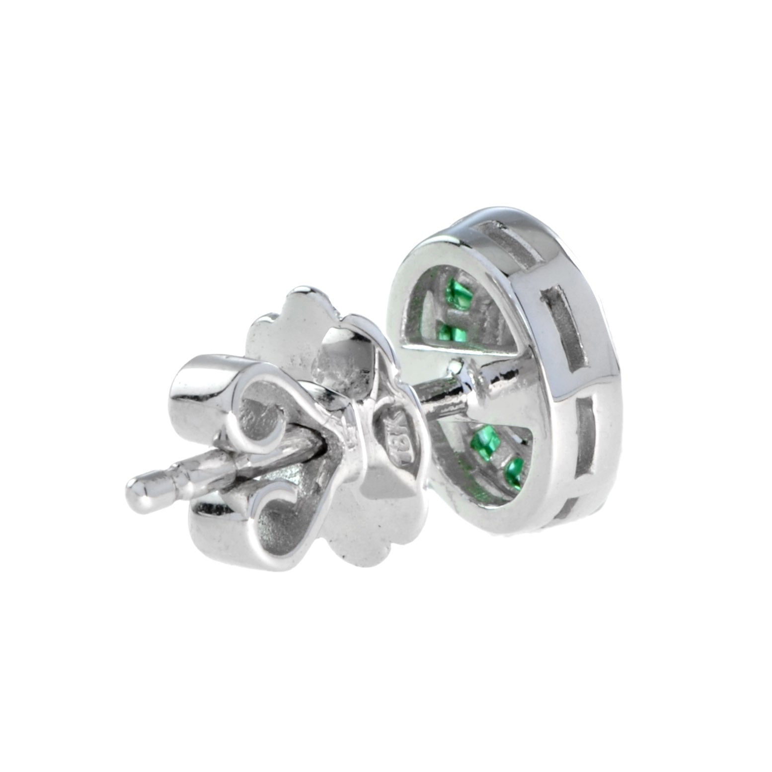 Diamond & Green Emerald Art Deco Style Target 14K White Gold Stud Earrings